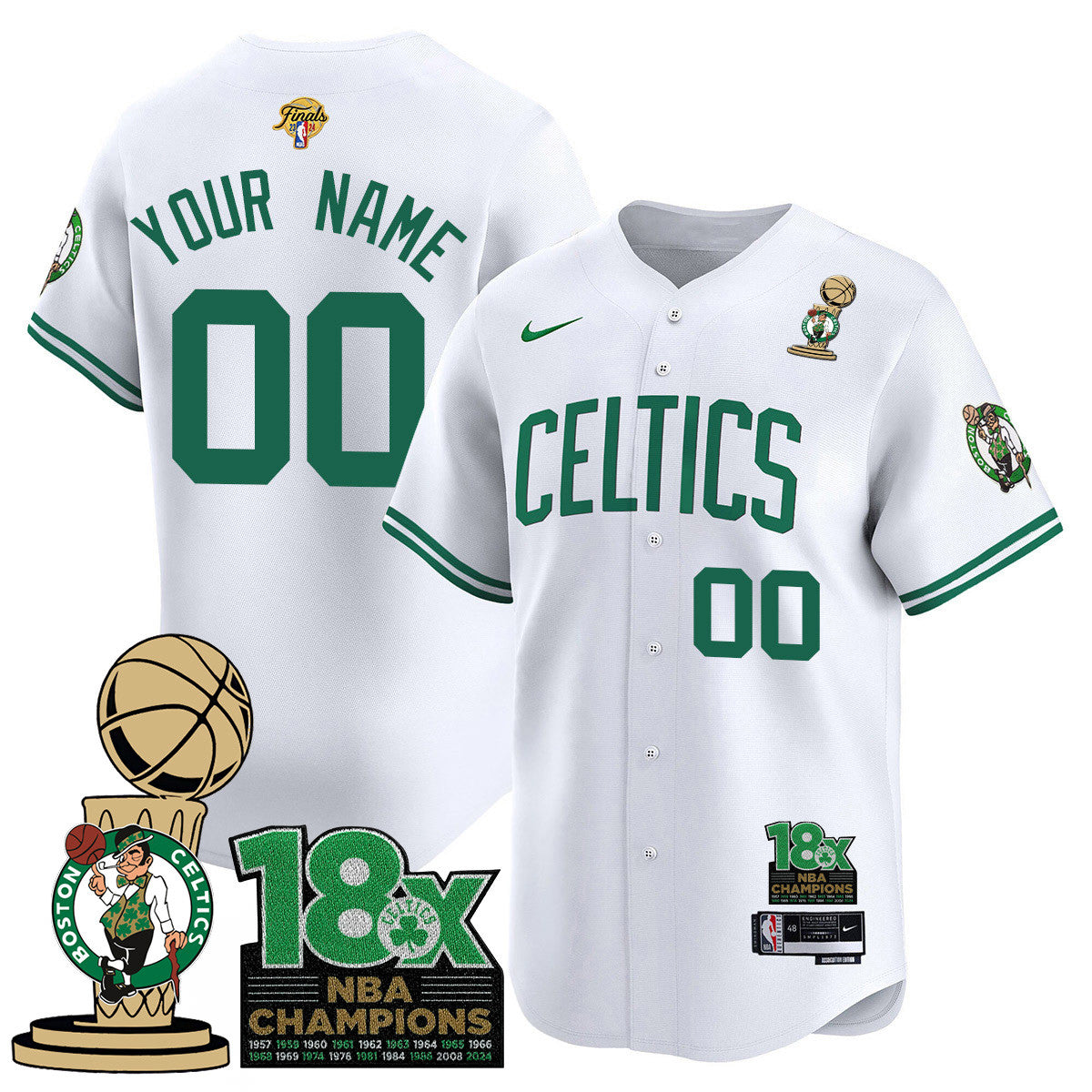 Custom Celtics 2024 Champions Baseball Jersey - 18X Times Champ Patch - All Stitched