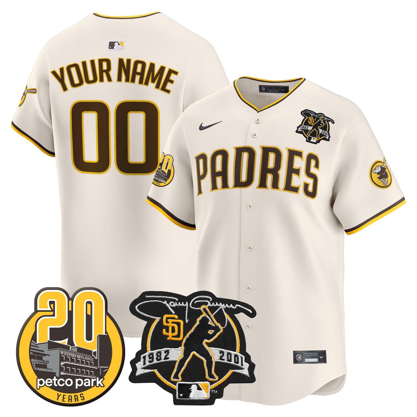 Padres Tony Gwynn & Petco Park 20th Patch Vapor Premier Limited Custom Jersey V2 ·All Stitched