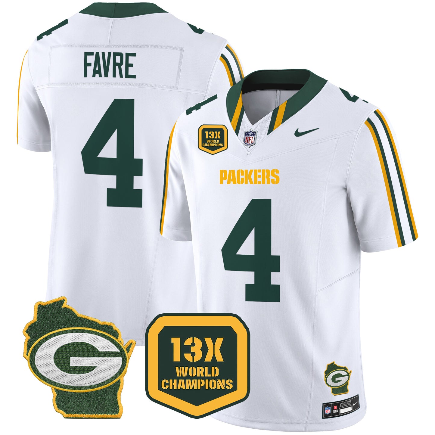 Packers 13 Time World Champions & Home Patch Vapor Limited Jersey - All Stitched