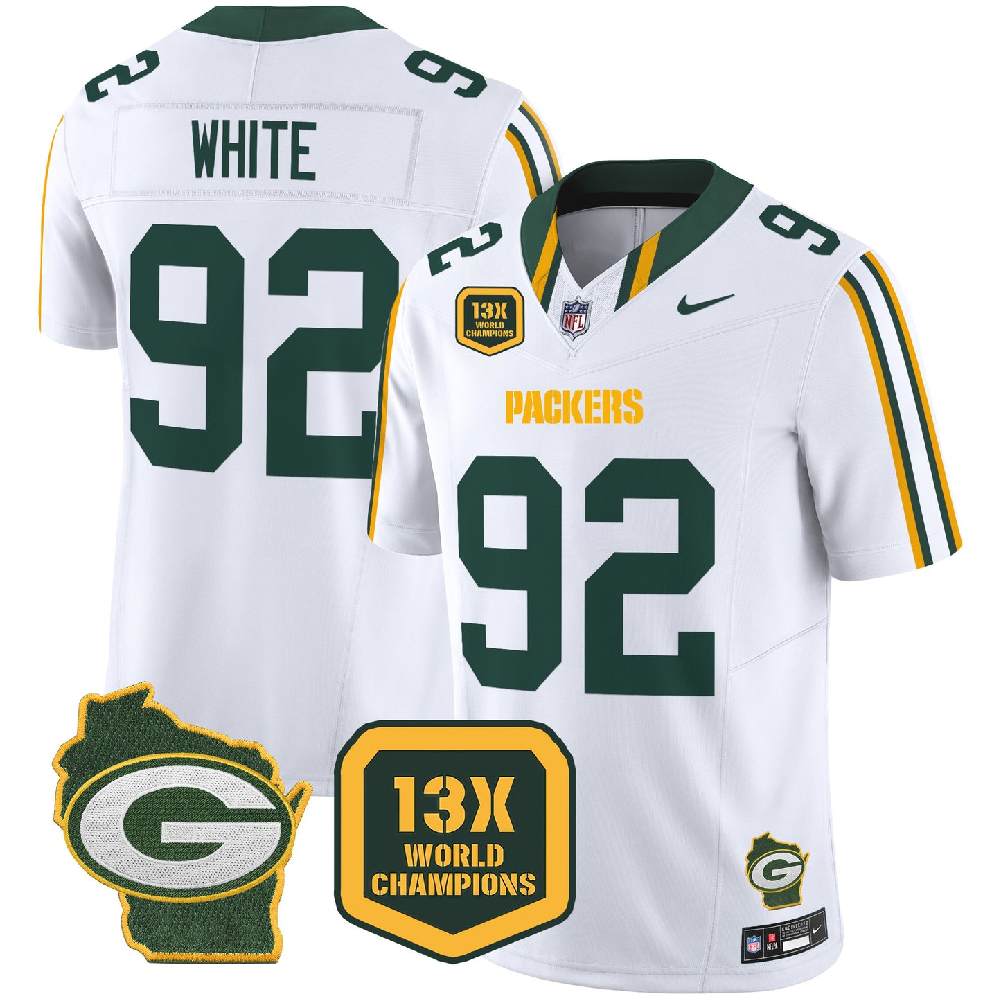 Packers 13 Time World Champions & Home Patch Vapor Limited Jersey - All Stitched