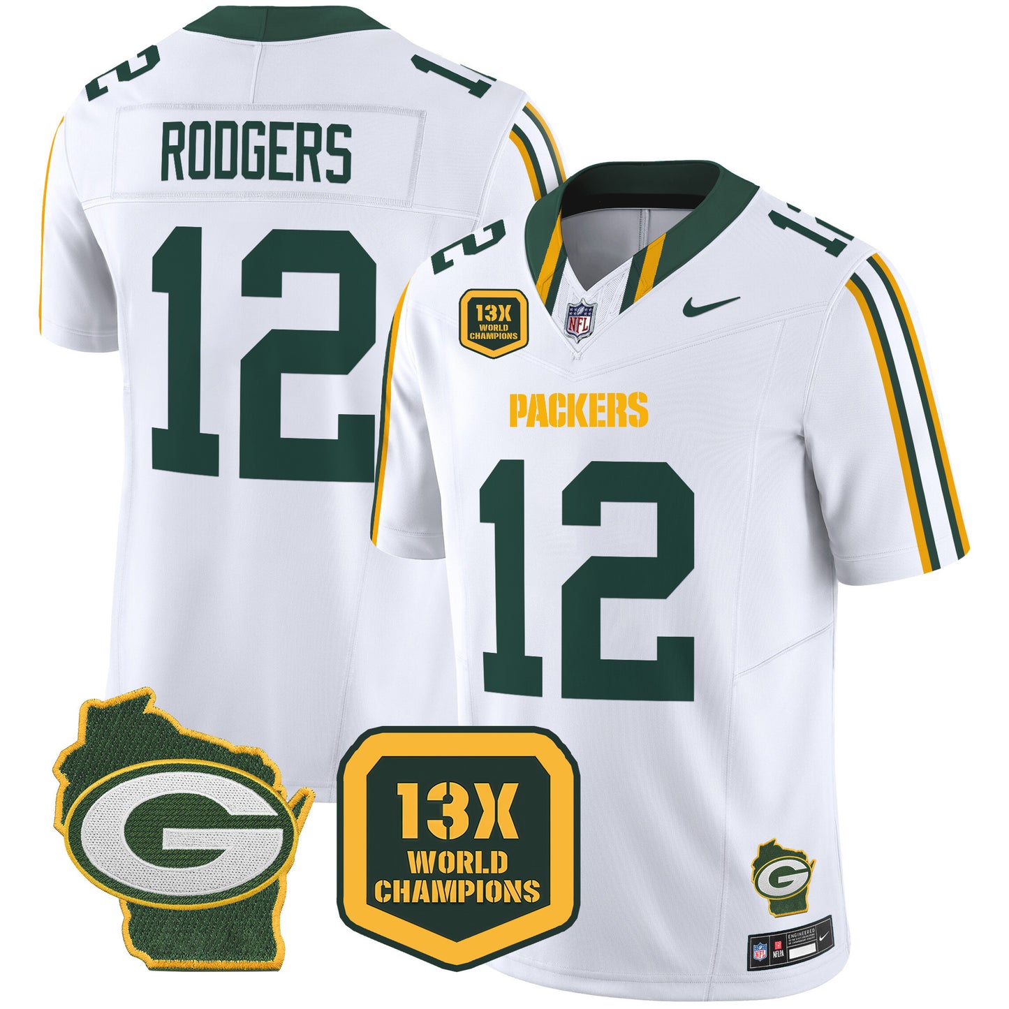 Packers 13 Time World Champions & Home Patch Vapor Limited Jersey - All Stitched