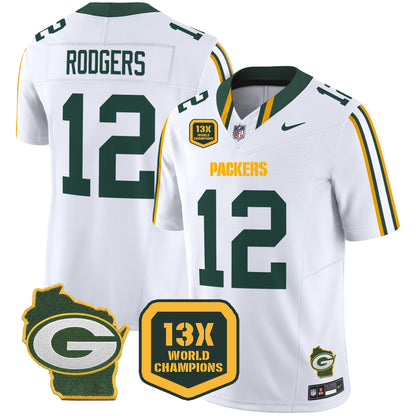 Packers 13 Time World Champions & Home Patch Vapor Limited Jersey - All Stitched