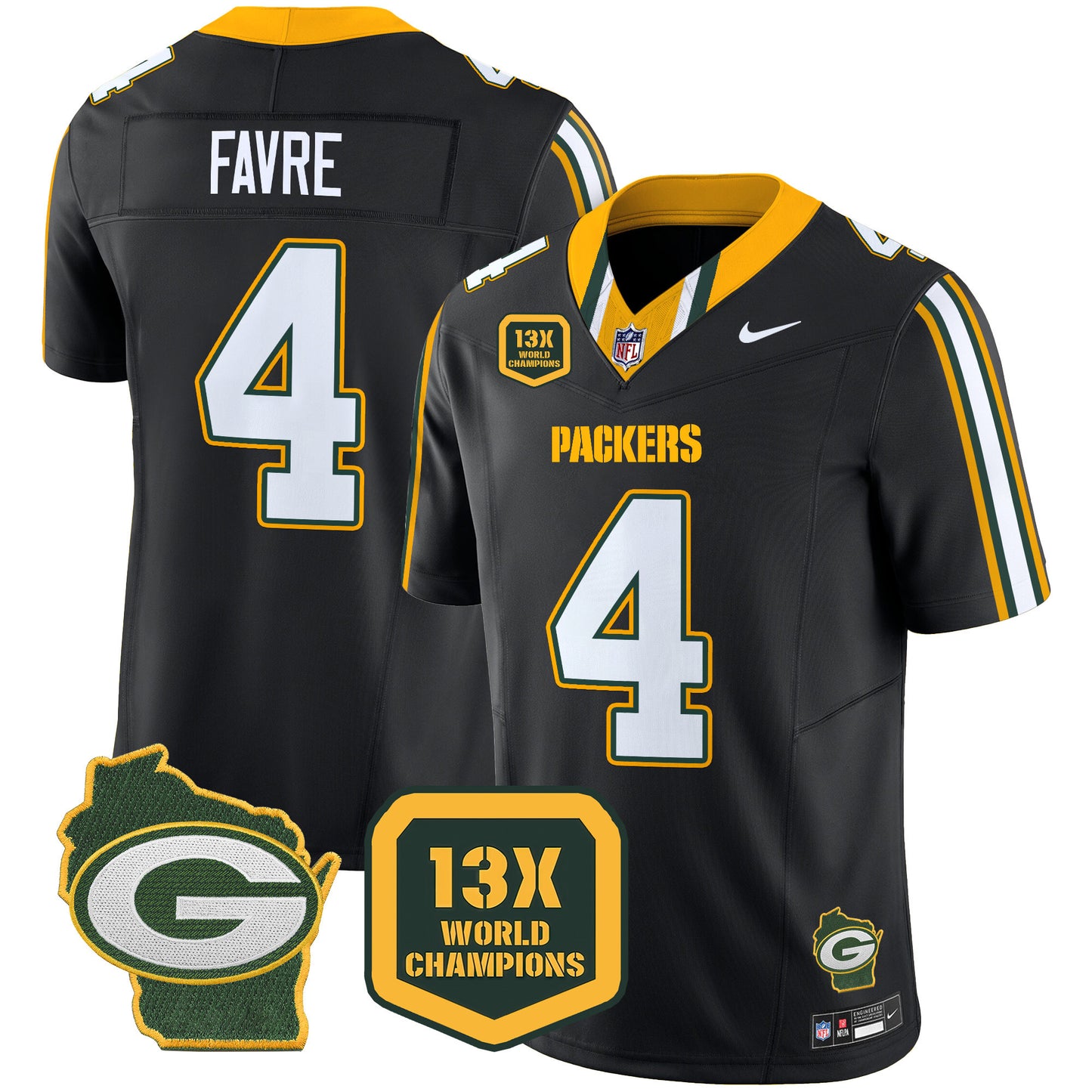 Packers 13 Time World Champions & Home Patch Vapor Limited Jersey - All Stitched