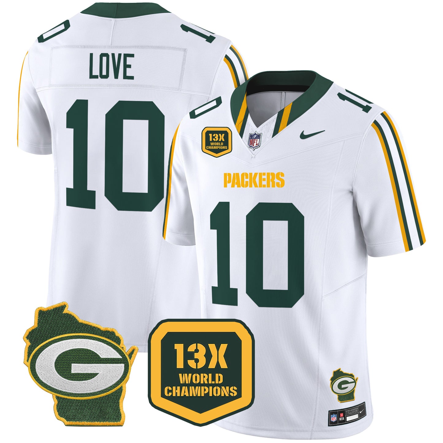 Packers 13 Time World Champions & Home Patch Vapor Limited Jersey - All Stitched