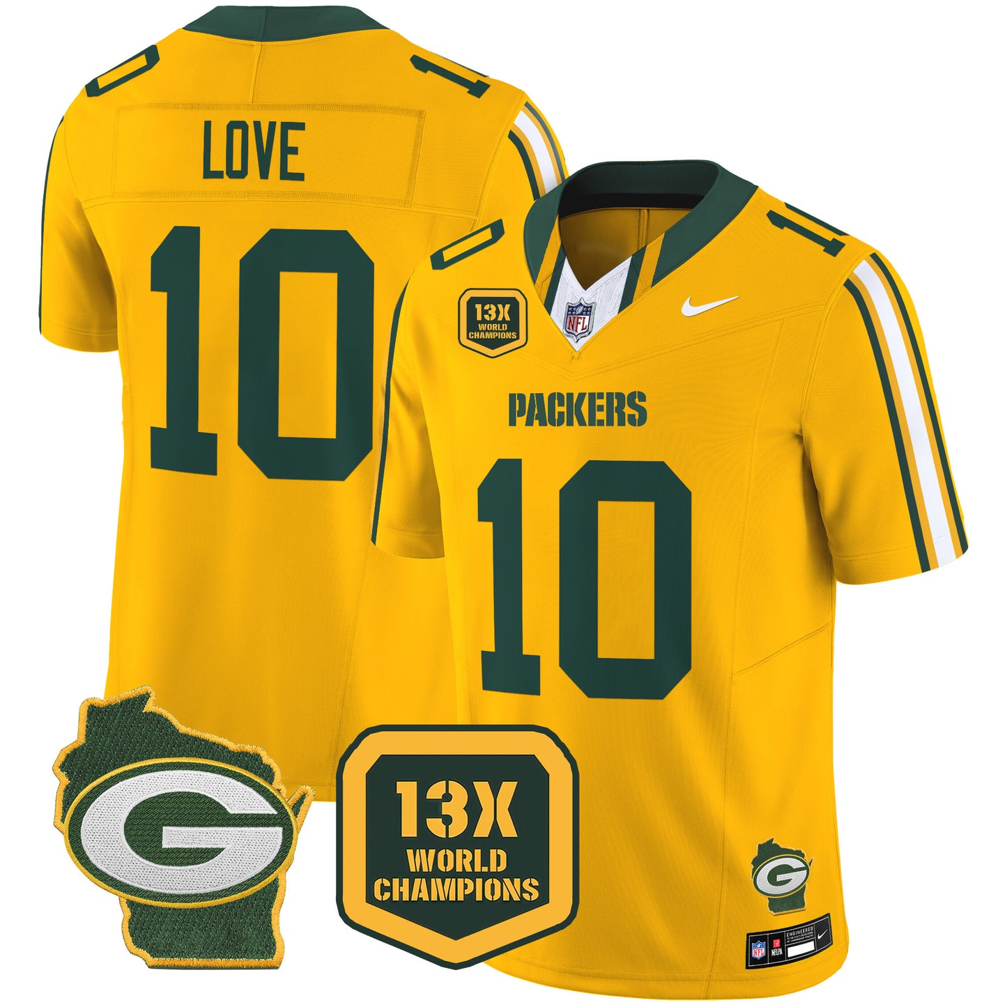 Packers 13 Time World Champions & Home Patch Vapor Limited Jersey - All Stitched