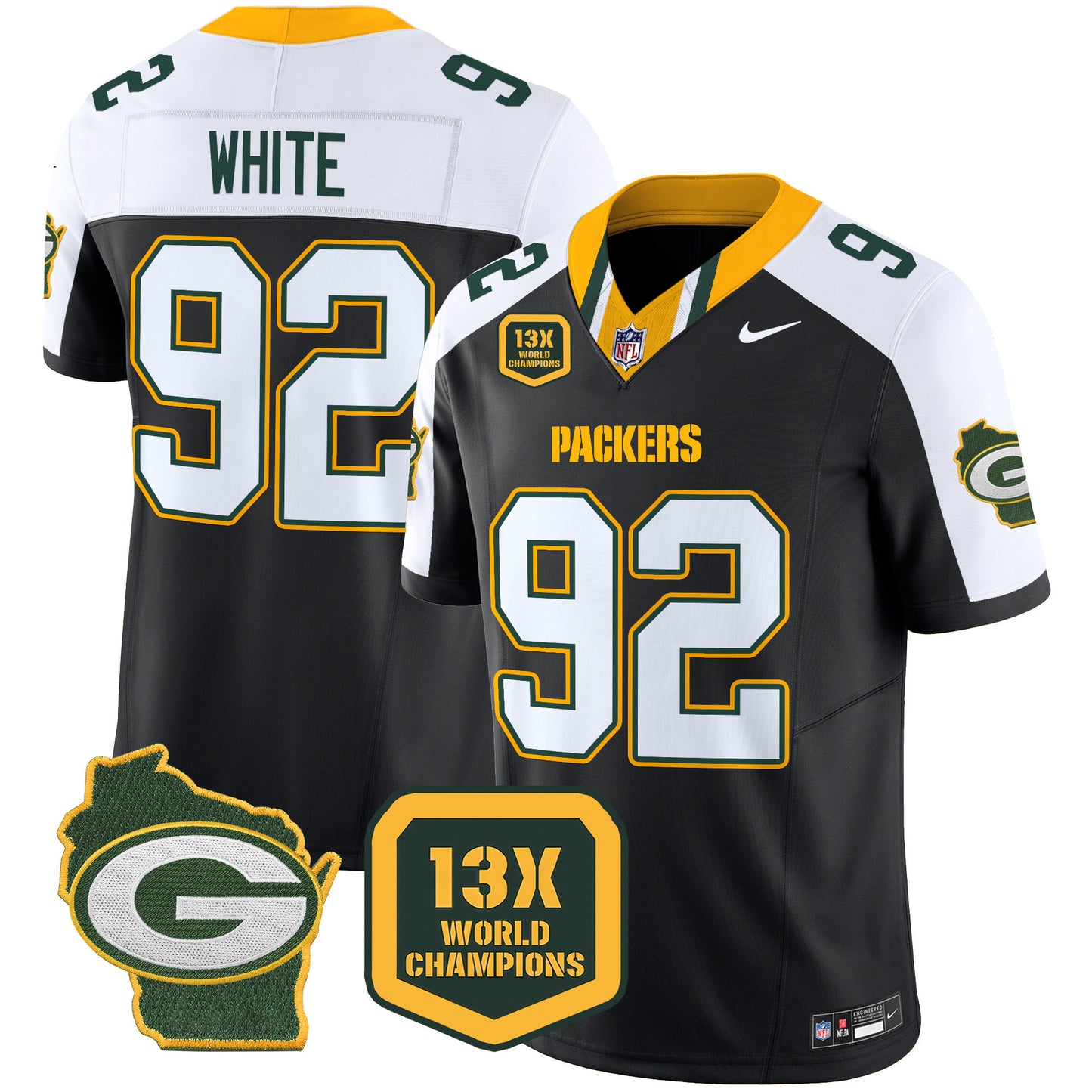 Packers 13 Time World Champions & Home Patch Vapor Limited Jersey - All Stitched