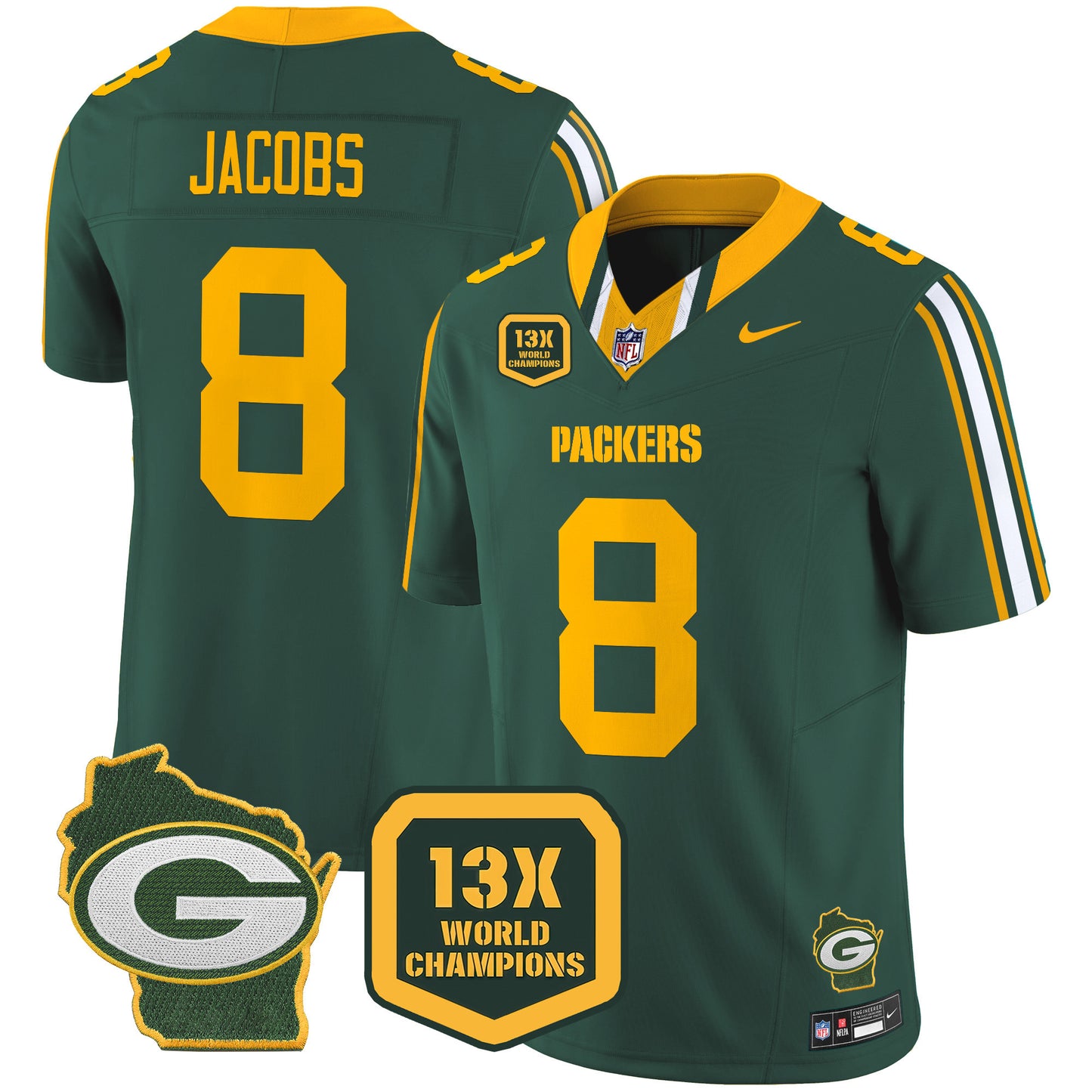 Packers 13 Time World Champions & Home Patch Vapor Limited Jersey - All Stitched