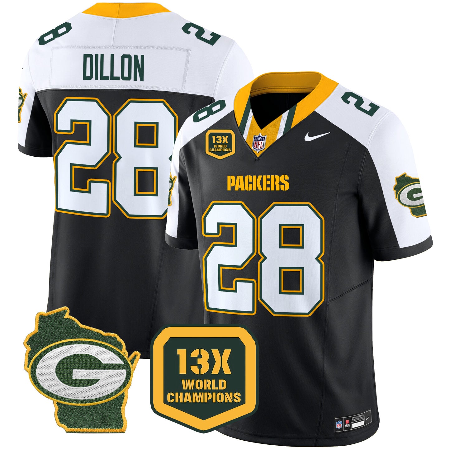 Packers 13 Time World Champions & Home Patch Vapor Limited Jersey - All Stitched