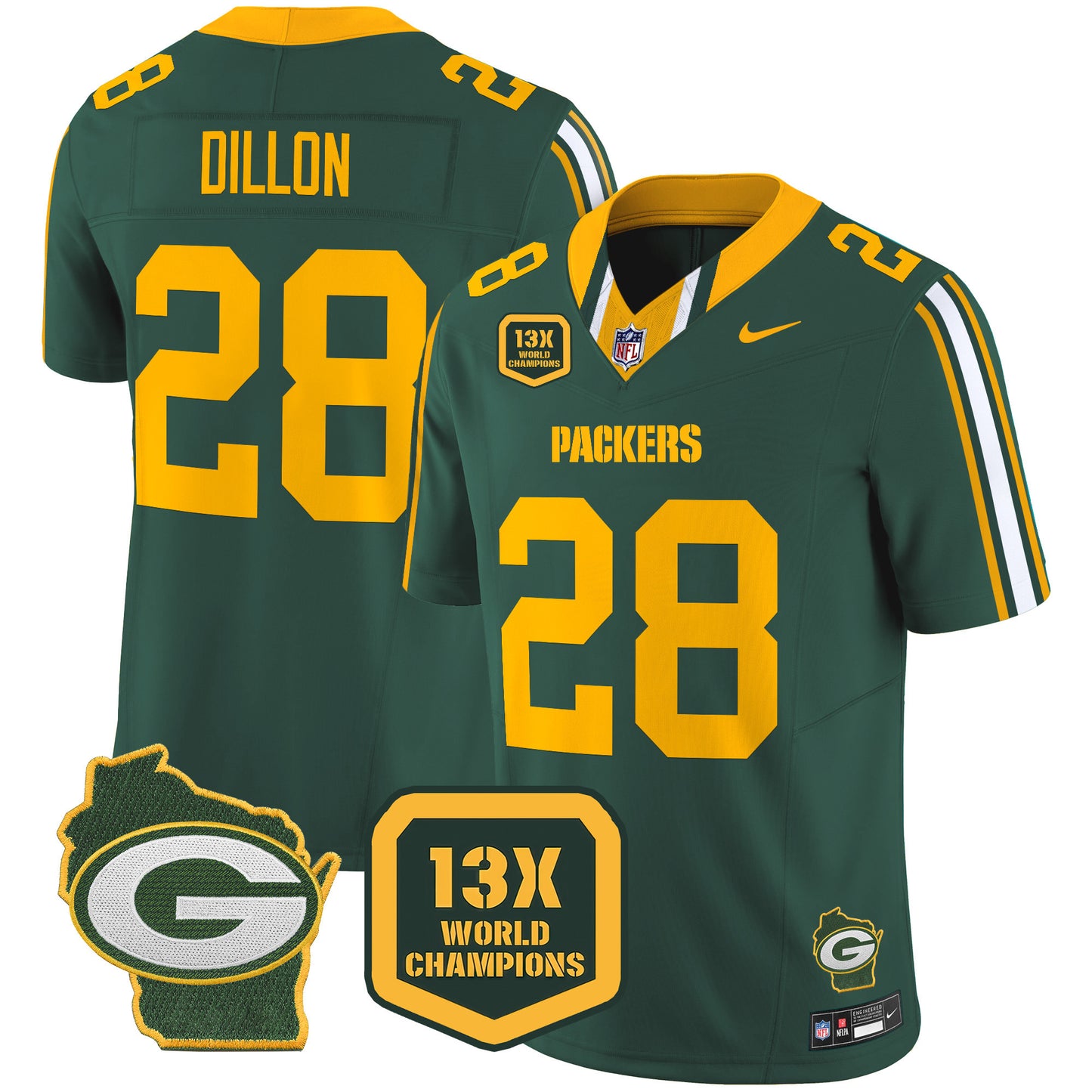 Packers 13 Time World Champions & Home Patch Vapor Limited Jersey - All Stitched