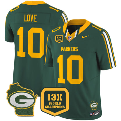 Packers 13 Time World Champions & Home Patch Vapor Limited Jersey - All Stitched