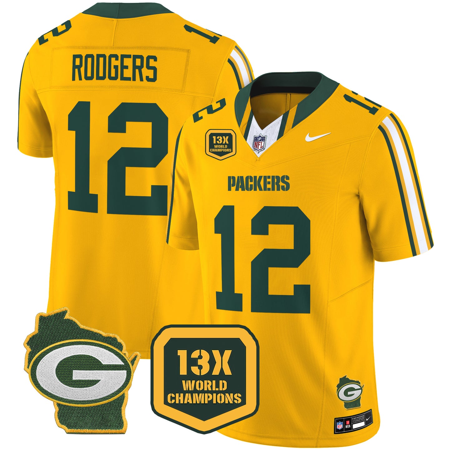 Packers 13 Time World Champions & Home Patch Vapor Limited Jersey - All Stitched