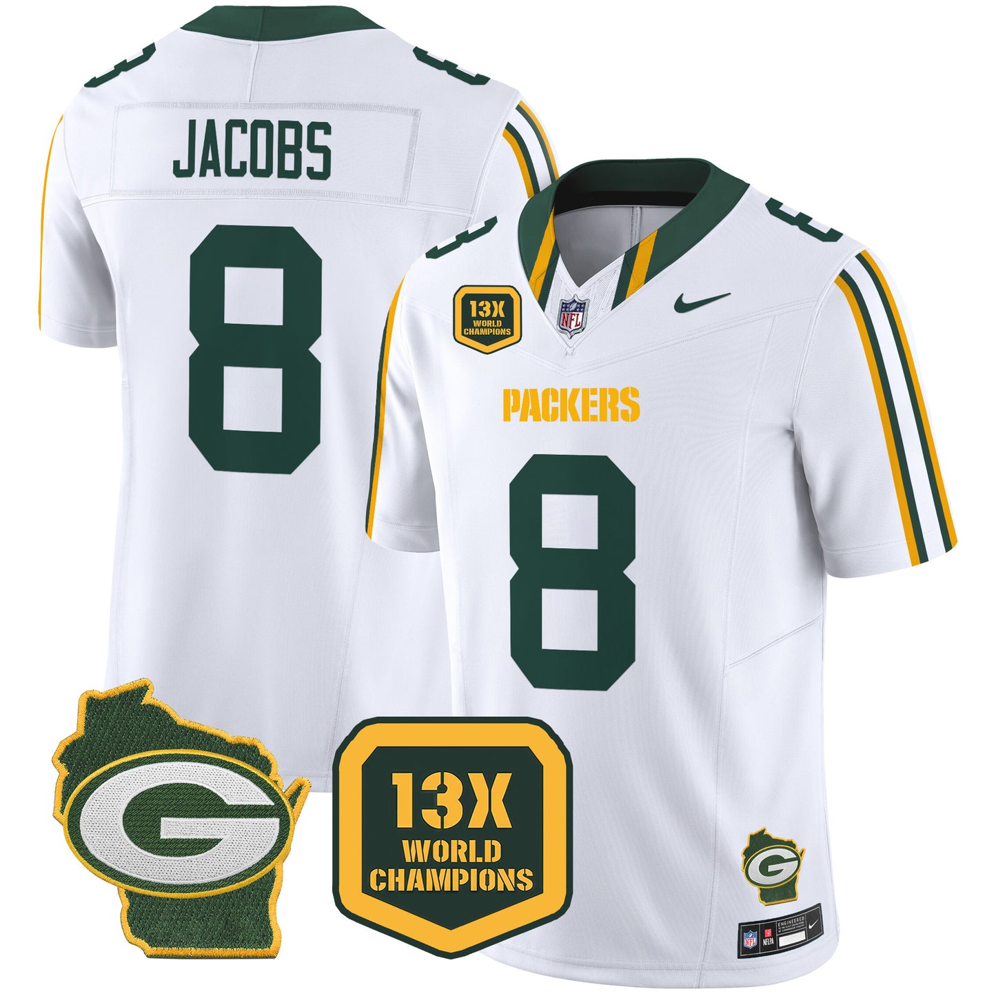 Packers 13 Time World Champions & Home Patch Vapor Limited Jersey - All Stitched