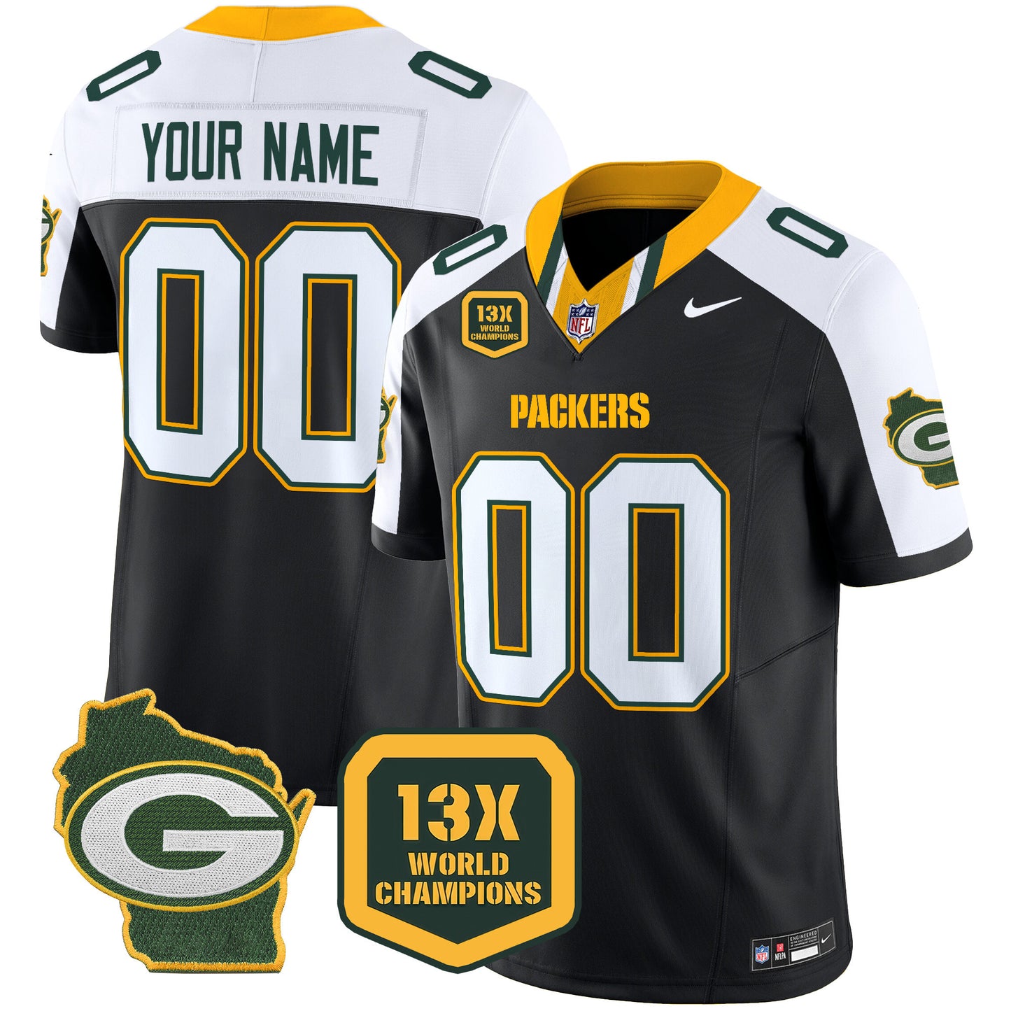 Packers 13 Time World Champions & Home Patch Vapor Limited Custom Jersey - All Stitched