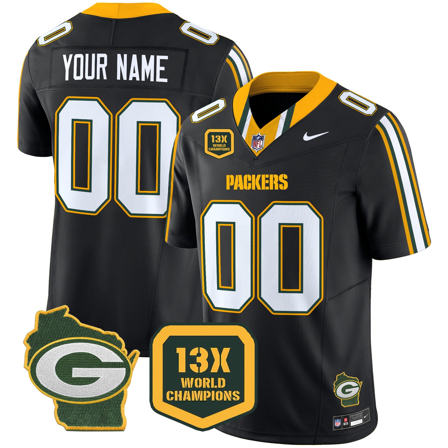 Packers 13 Time World Champions & Home Patch Vapor Limited Custom Jersey - All Stitched