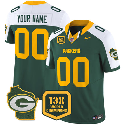 Packers 13 Time World Champions & Home Patch Vapor Limited Custom Jersey - All Stitched