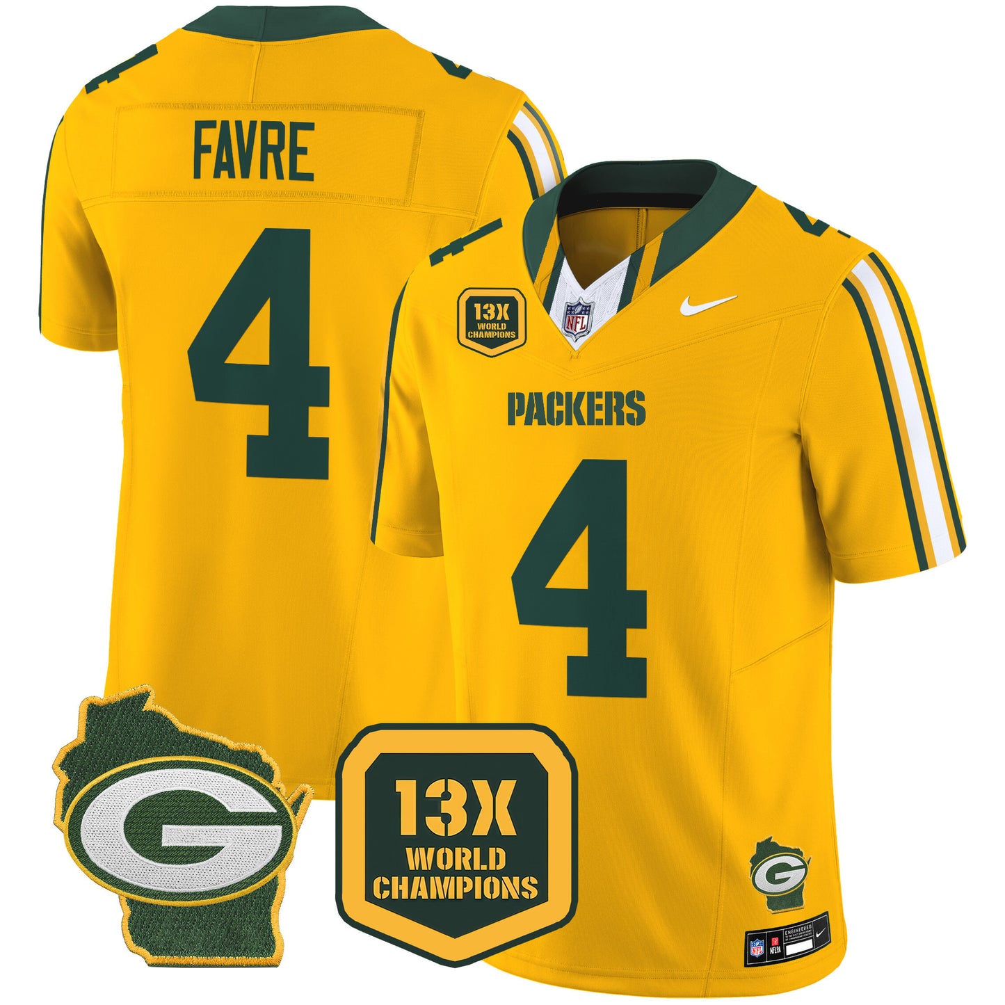 Packers 13 Time World Champions & Home Patch Vapor Limited Jersey - All Stitched