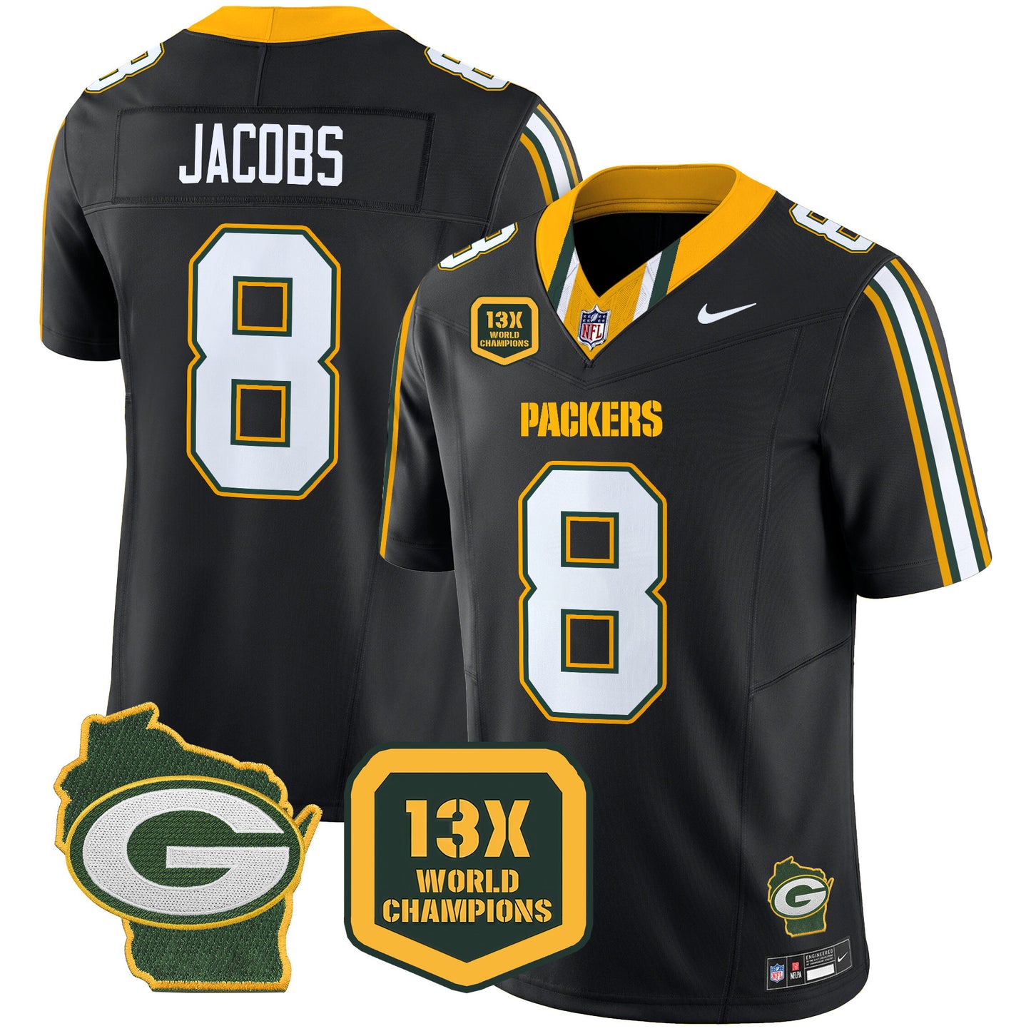 Packers 13 Time World Champions & Home Patch Vapor Limited Jersey - All Stitched