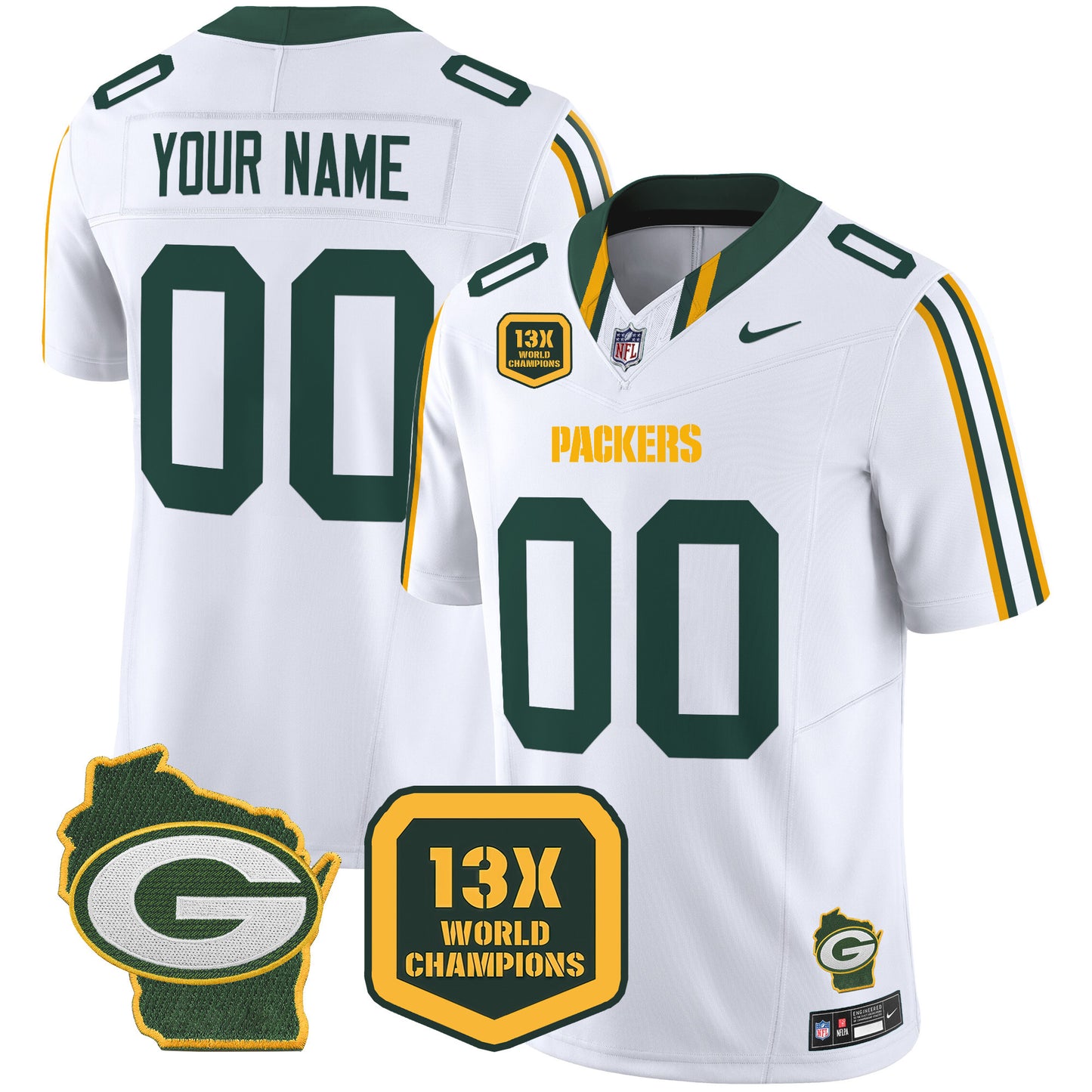 Packers 13 Time World Champions & Home Patch Vapor Limited Custom Jersey - All Stitched