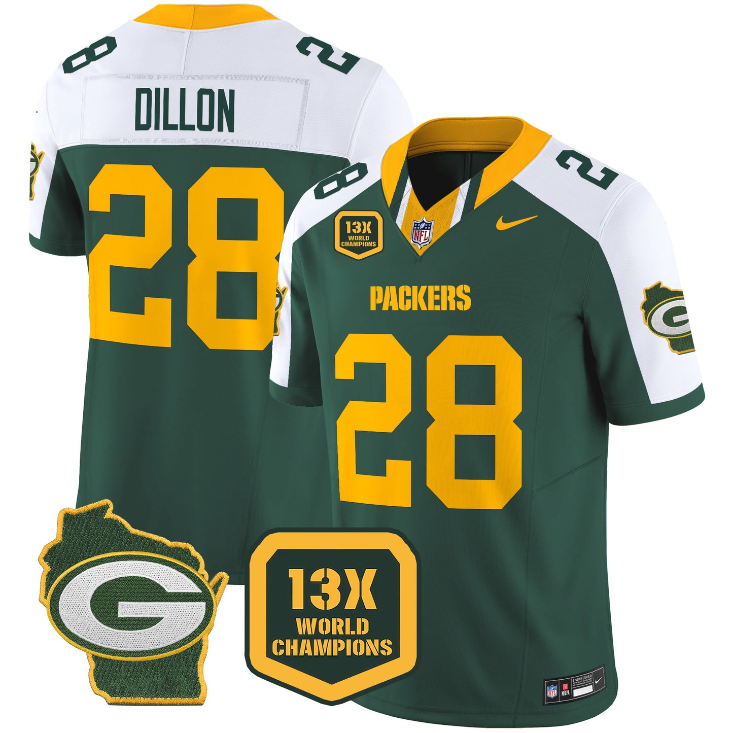 Packers 13 Time World Champions & Home Patch Vapor Limited Jersey - All Stitched