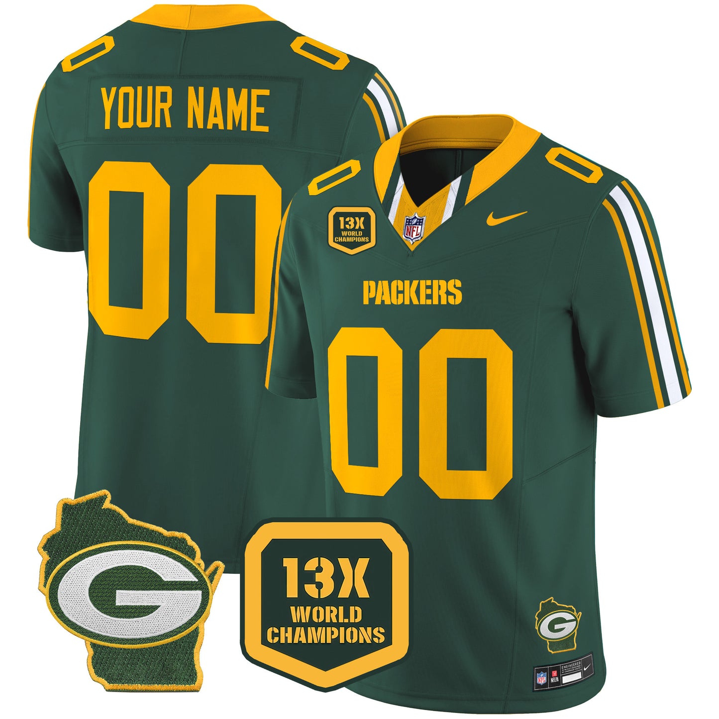 Packers 13 Time World Champions & Home Patch Vapor Limited Custom Jersey - All Stitched