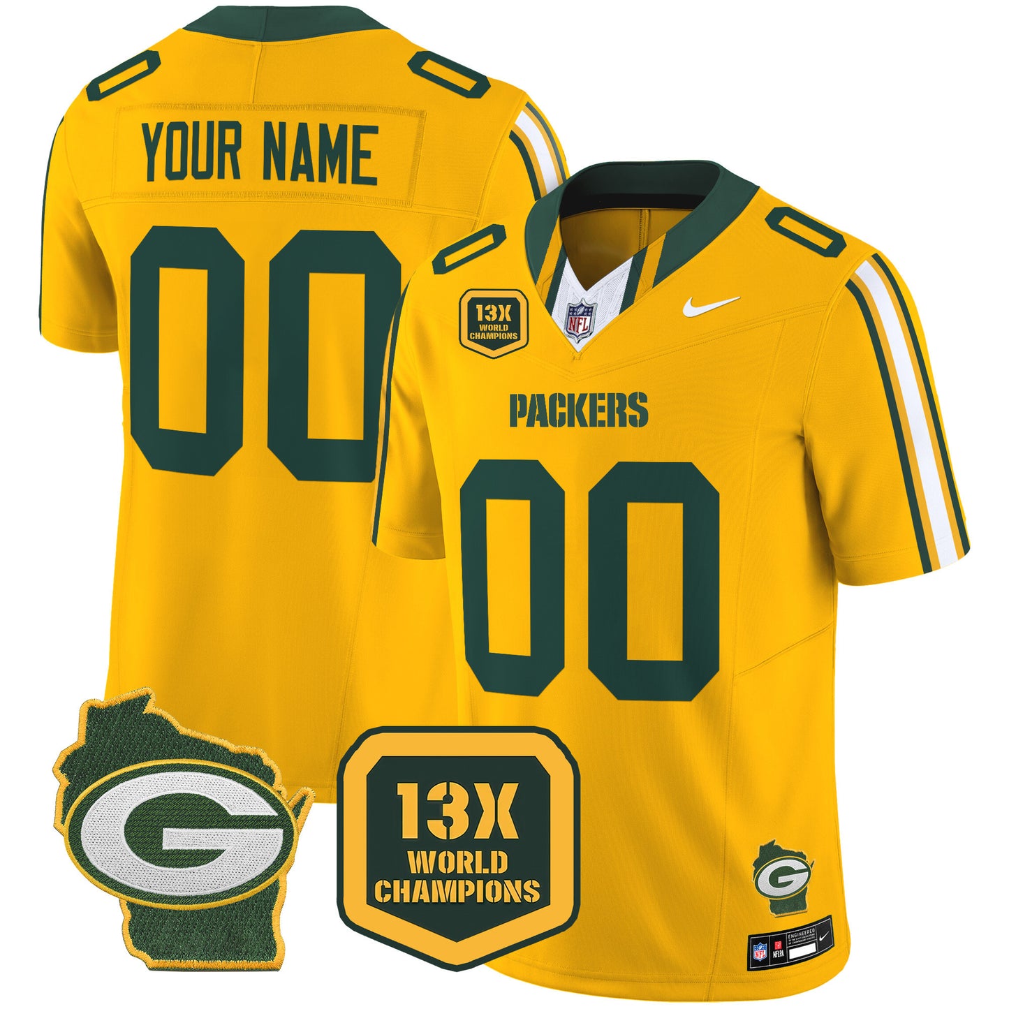 Packers 13 Time World Champions & Home Patch Vapor Limited Custom Jersey - All Stitched