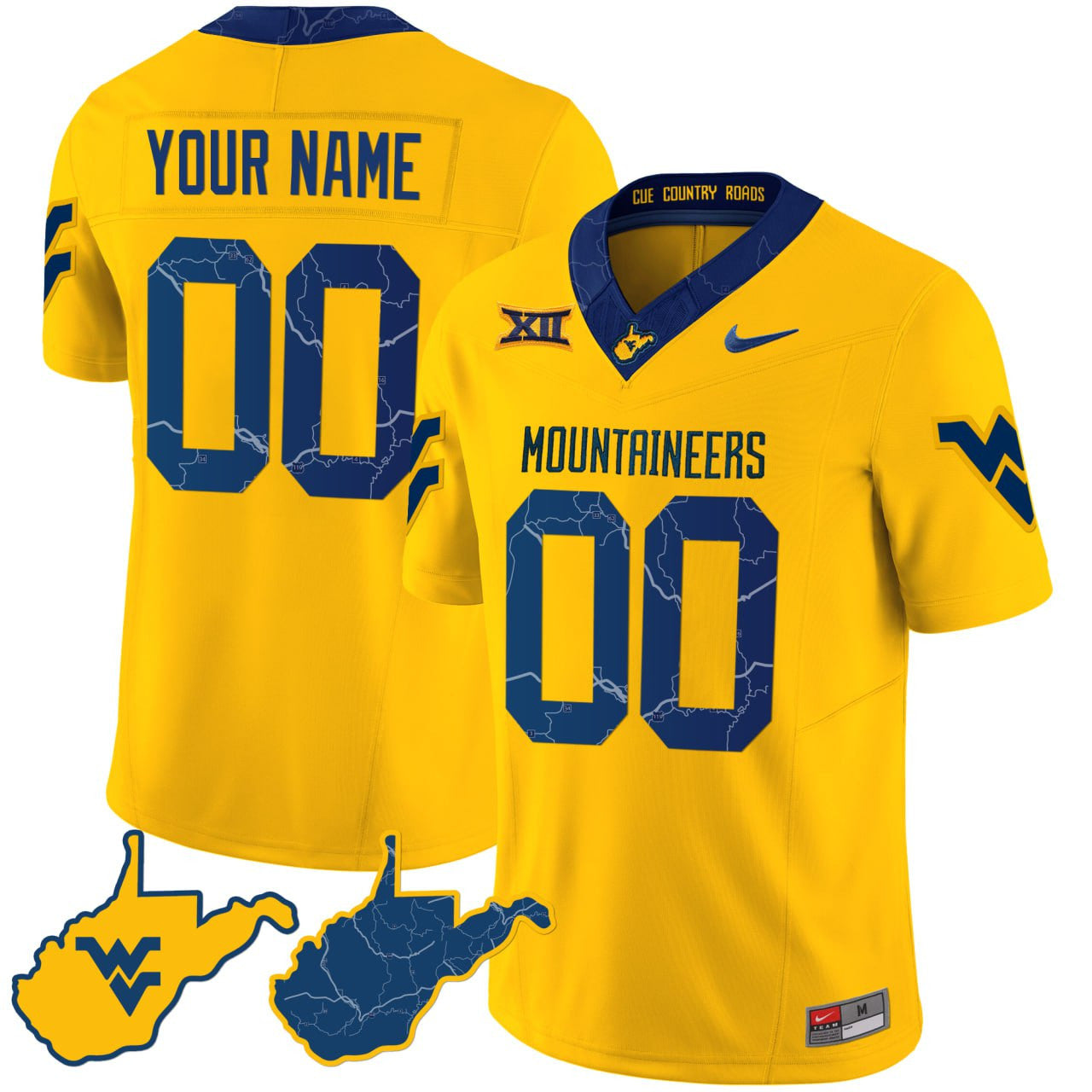 West Virginia Mountaineers 2023 Country Roads Custom Jersey - All Stitched - Gold Sleeves