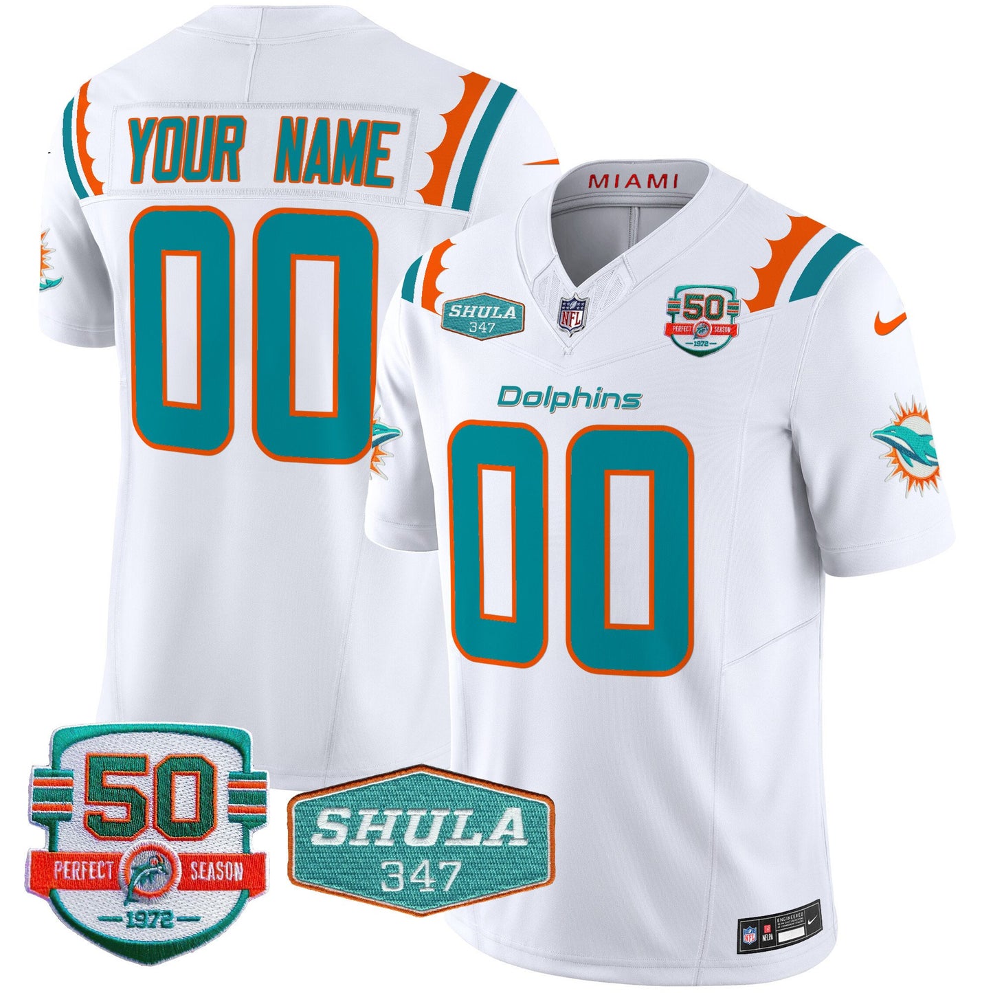 Dolphins 50th & Don Shula 347 Memorial Patch Vapor Limited Custom Jersey - All Stitched