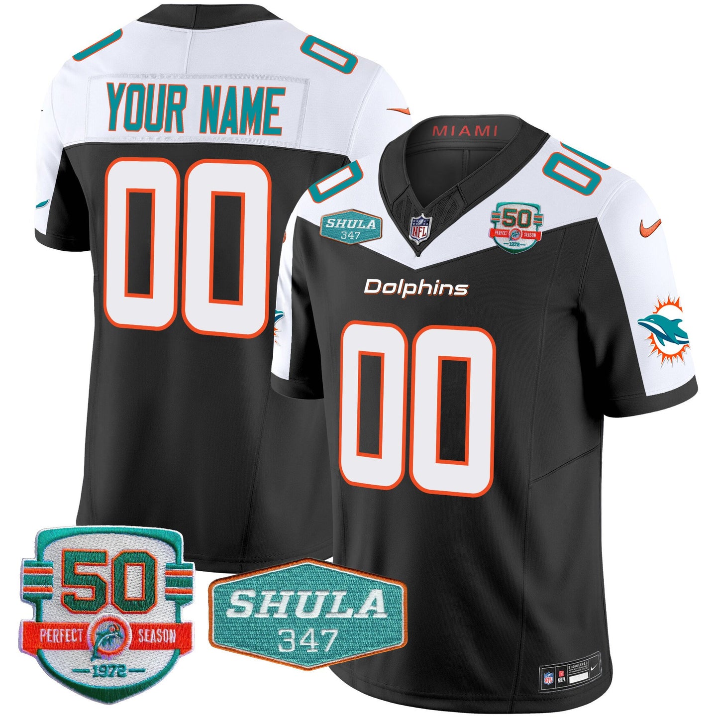 Dolphins Shula 347 Patch Vapor Limited Custom Jersey V2 - All Stitched