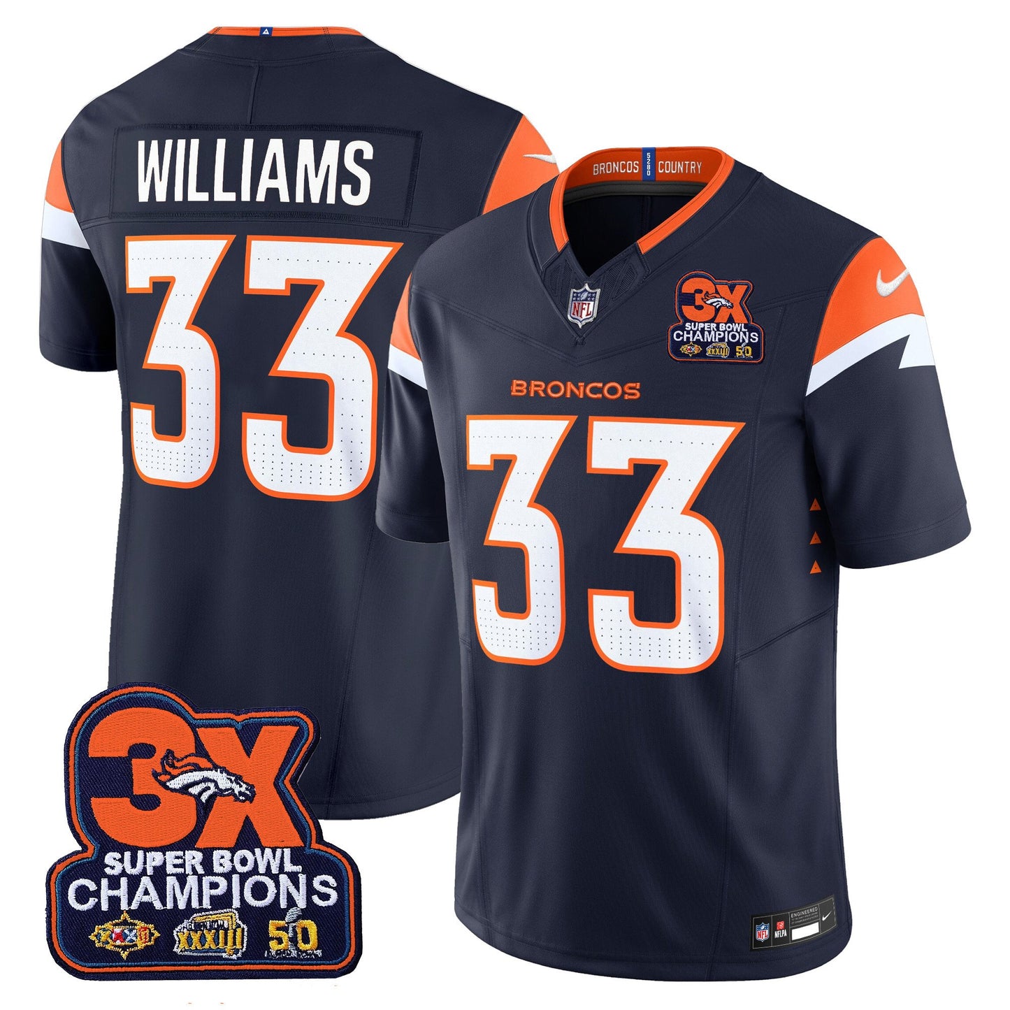 Denver Broncos 3-Time Champions Patch Vapor Limited Jersey - All Stitched