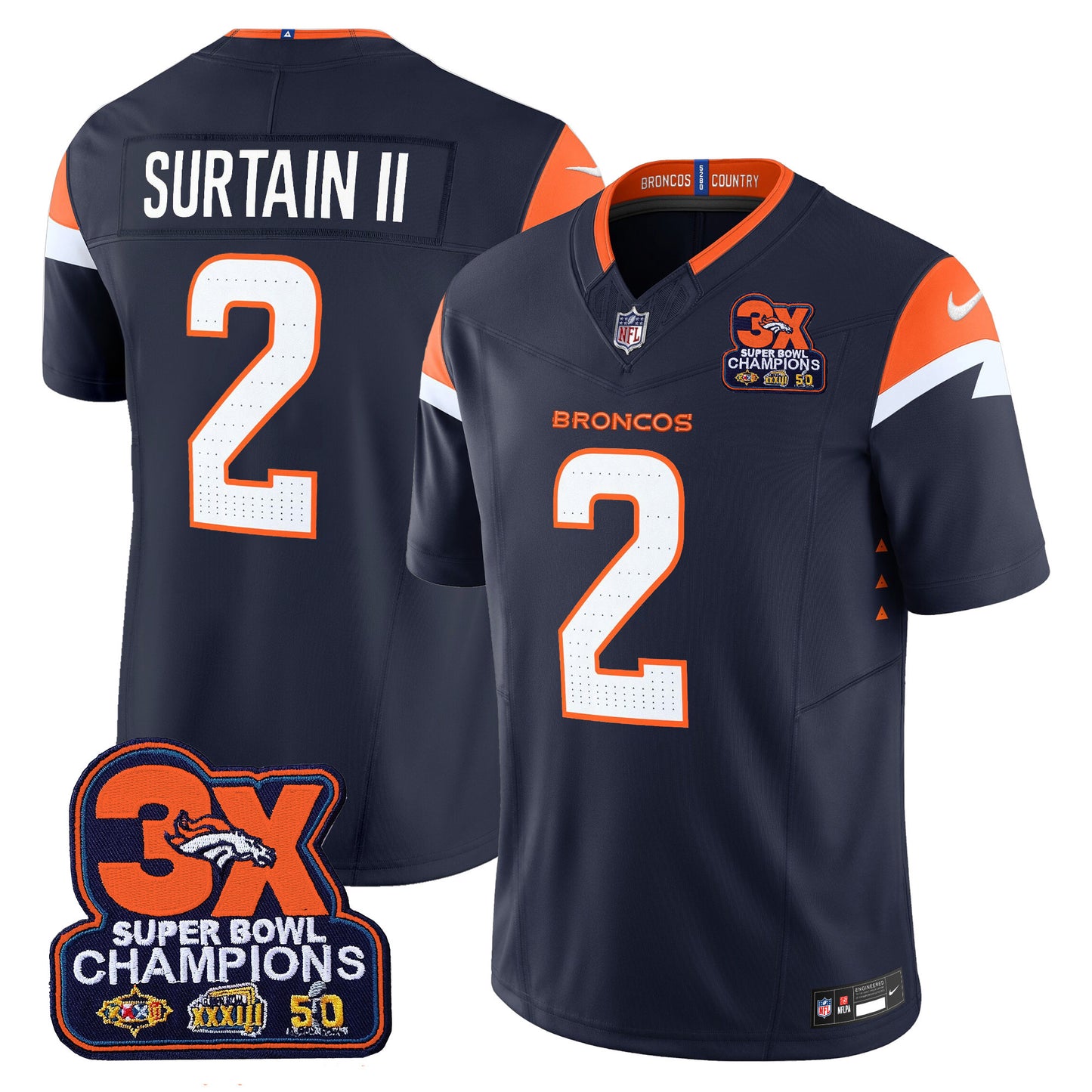 Denver Broncos 3-Time Champions Patch Vapor Limited Jersey - All Stitched