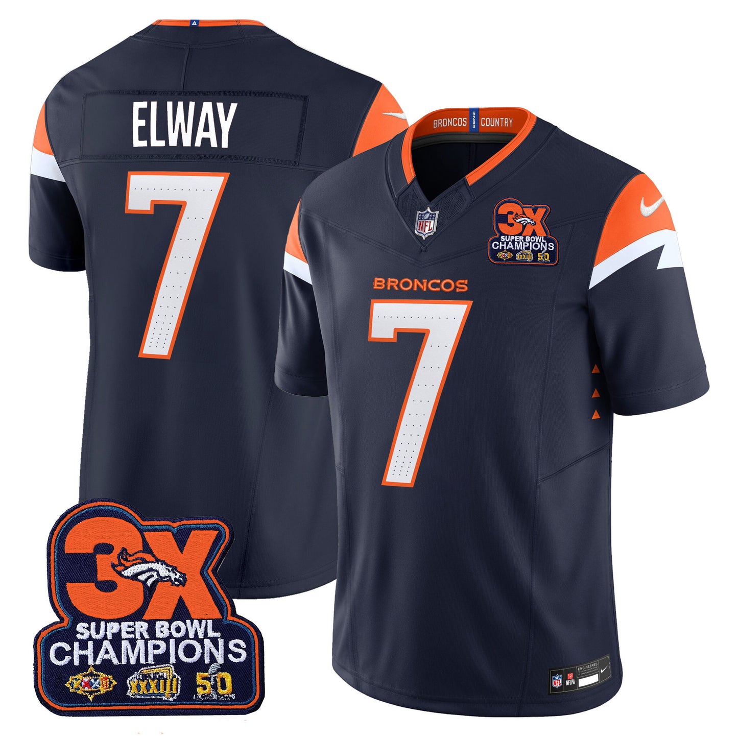 Denver Broncos 3-Time Champions Patch Vapor Limited Jersey - All Stitched