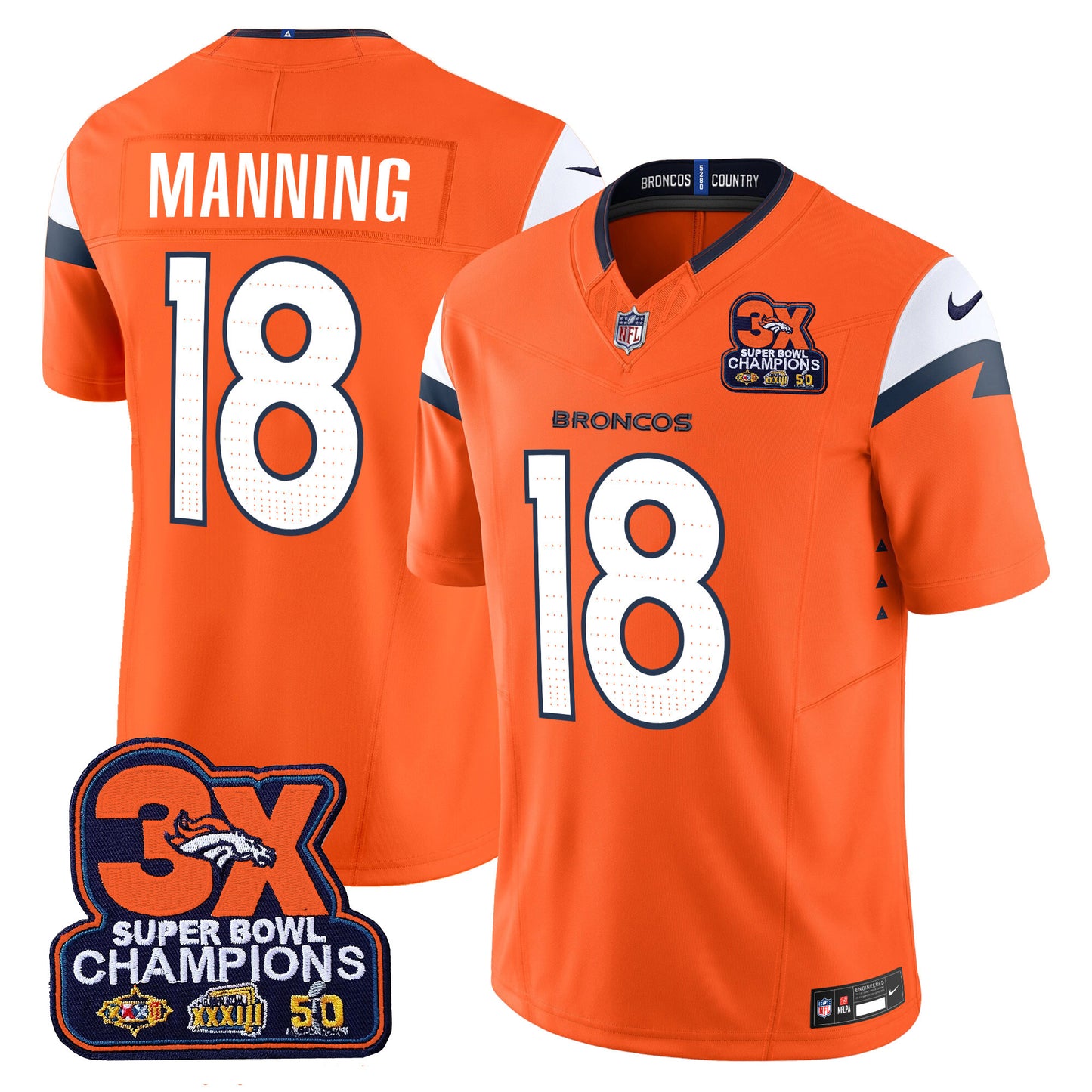 Denver Broncos 3-Time Champions Patch Vapor Limited Jersey - All Stitched