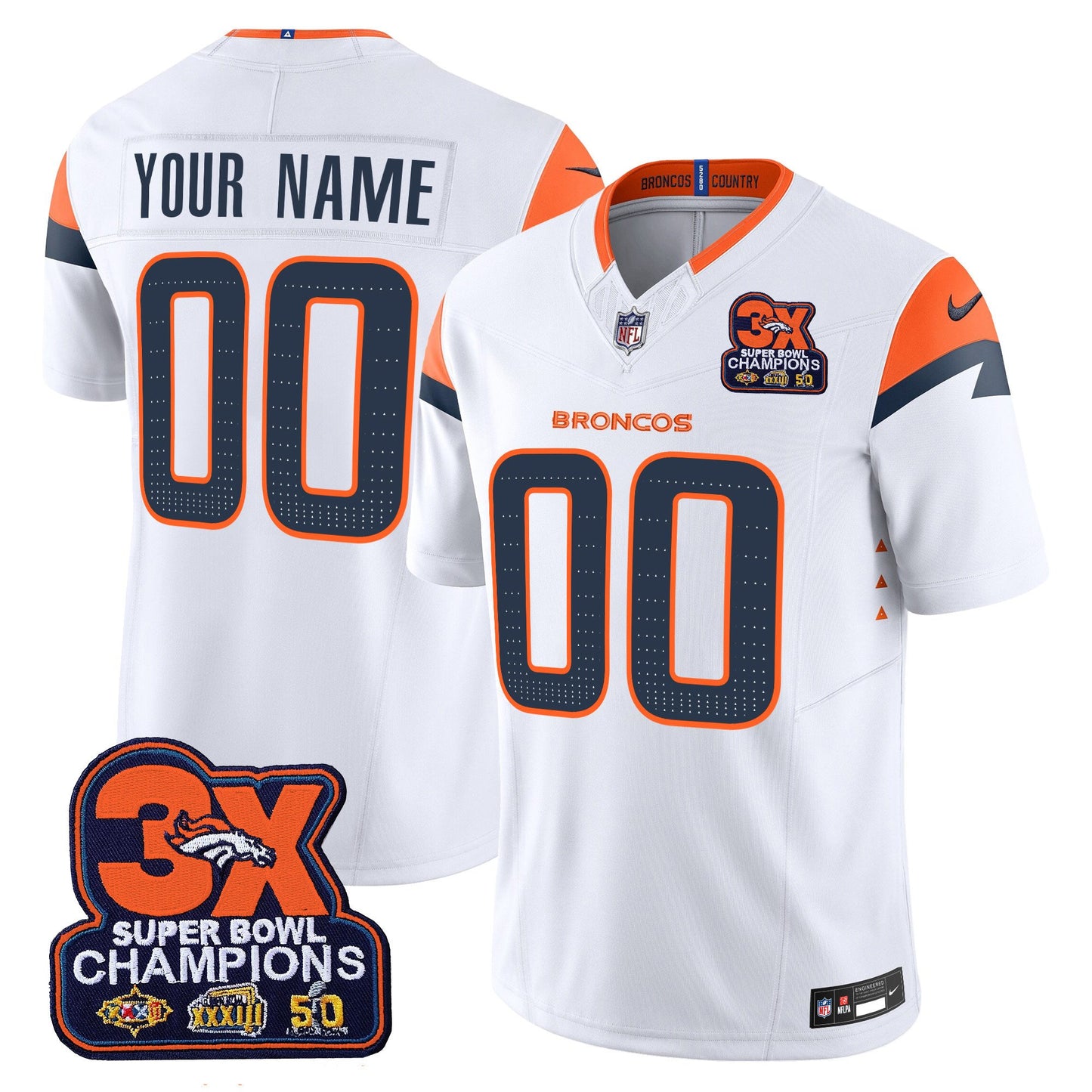 Denver Broncos 3-Time Champions Patch Vapor Limited Custom Jersey - All Stitched