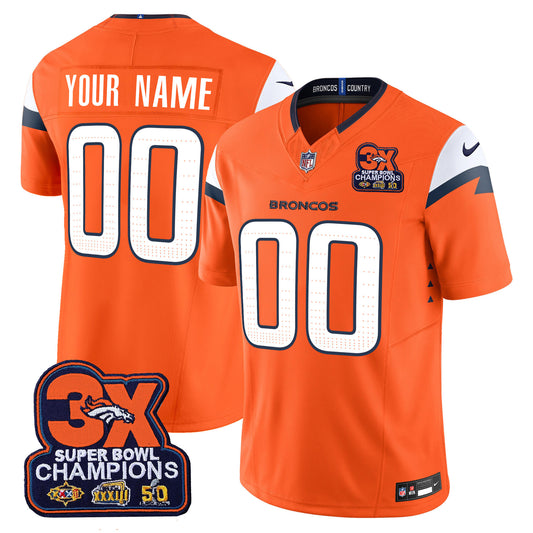 Denver Broncos 3-Time Champions Patch Vapor Limited Custom Jersey - All Stitched