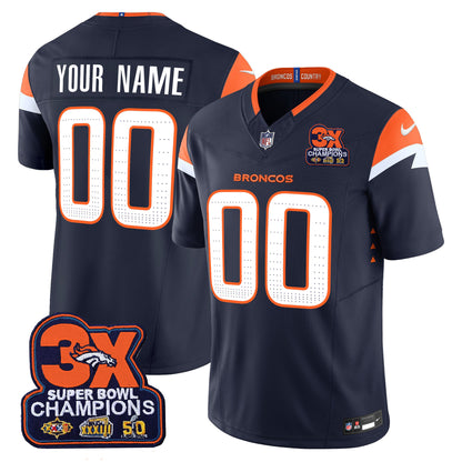 Denver Broncos 3-Time Champions Patch Vapor Limited Custom Jersey - All Stitched