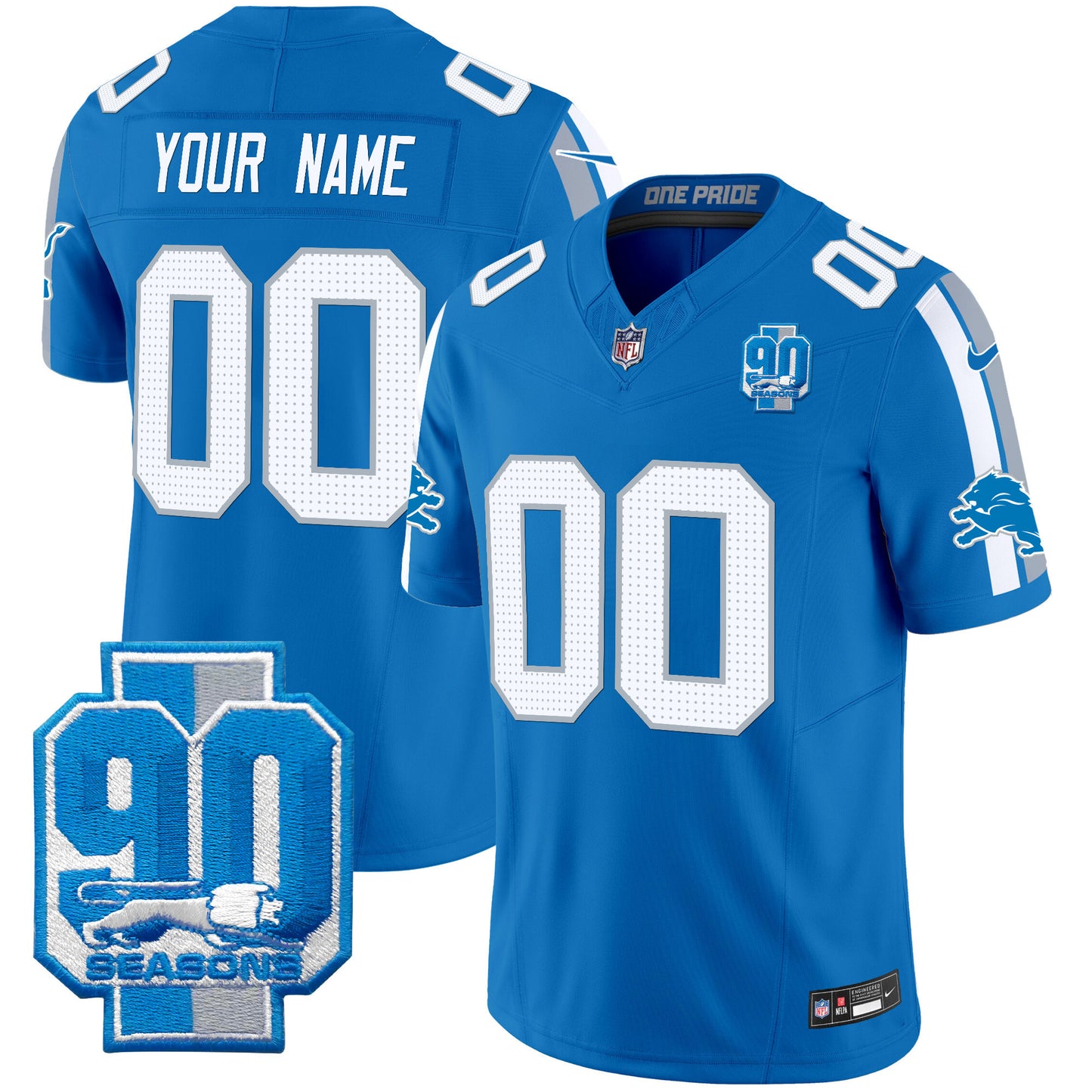 Detroit Lions 90th Year Patch Vapor Limited Custom Jersey - All Stitched