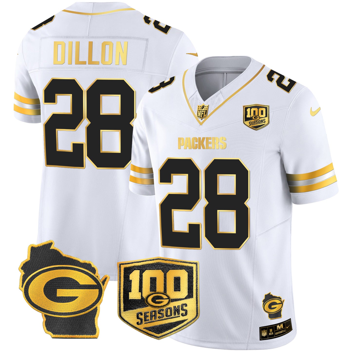 Packers 100th Season & Home Patch Gold Vapor Limited Jersey – All Stitched