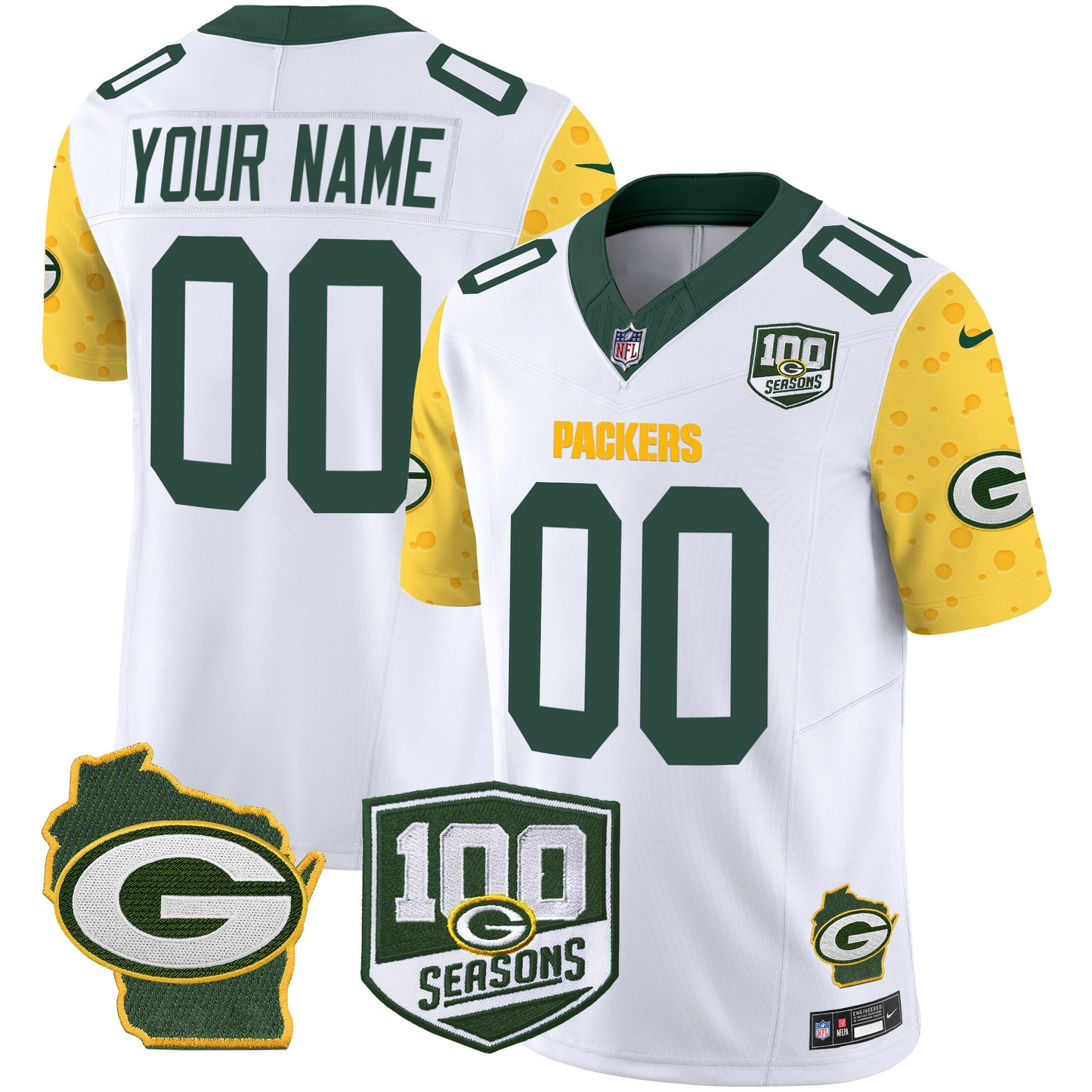 Packers 100th Season & Home Patch Cheese Vapor Limited Custom Jersey – All Stitched