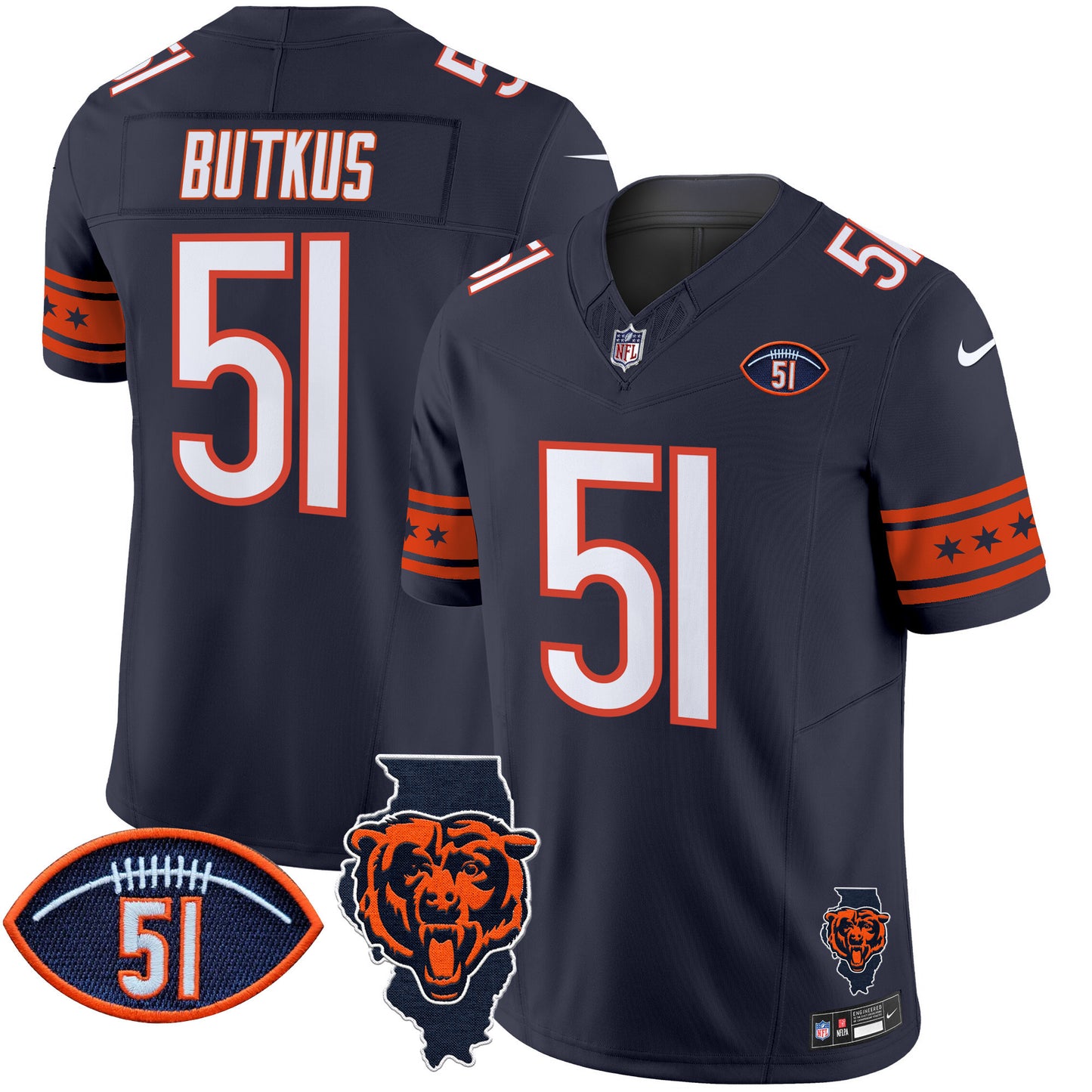 Bears Illinois & Dick Butkus Patch Vapor Limited Jersey - All Stitched