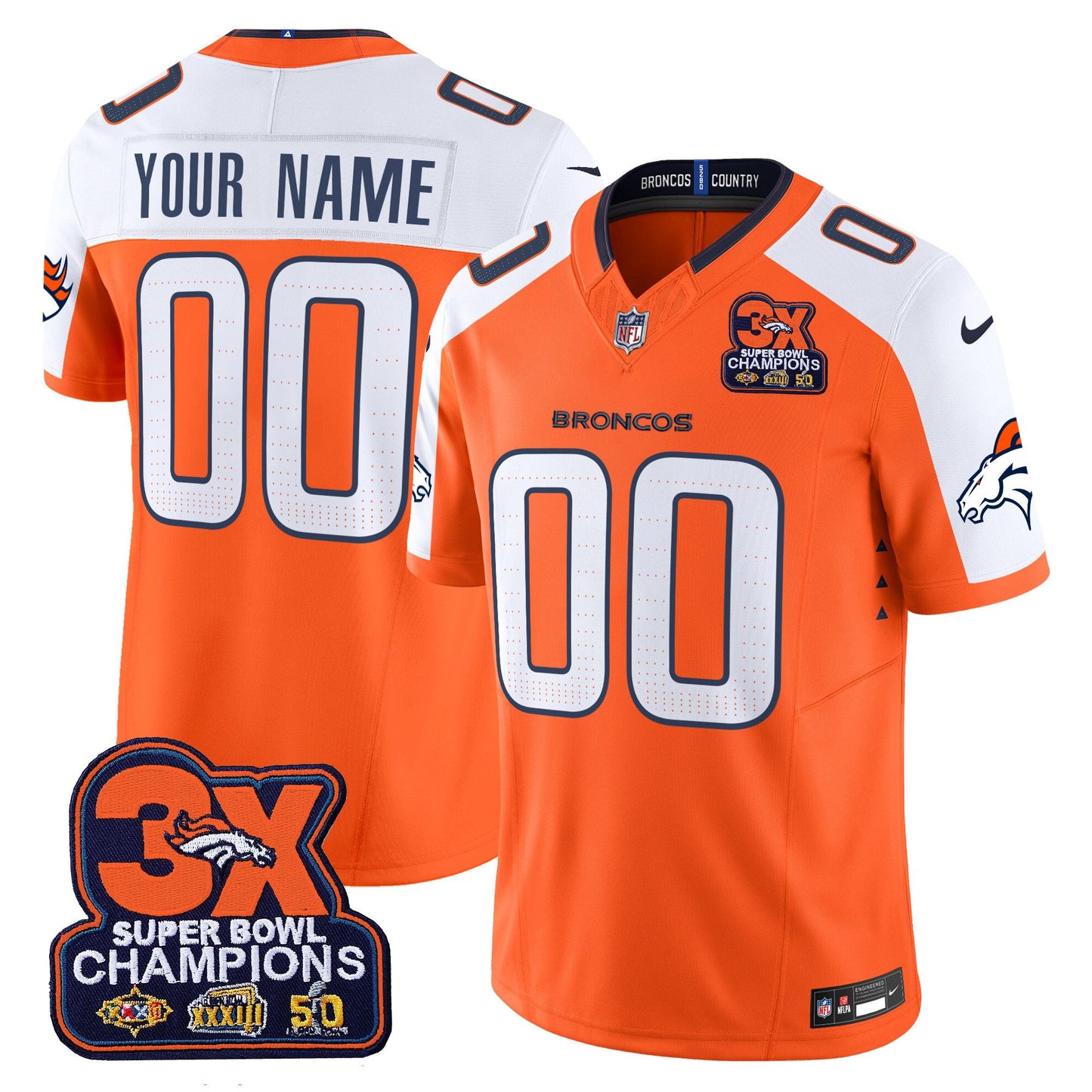 Denver Broncos 3-Time Champions Patch Vapor Limited Custom Jersey - All Stitched