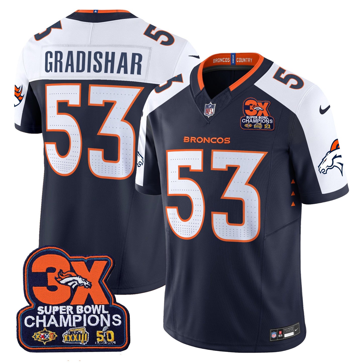 Denver Broncos 3-Time Champions Patch Vapor Limited Jersey - All Stitched