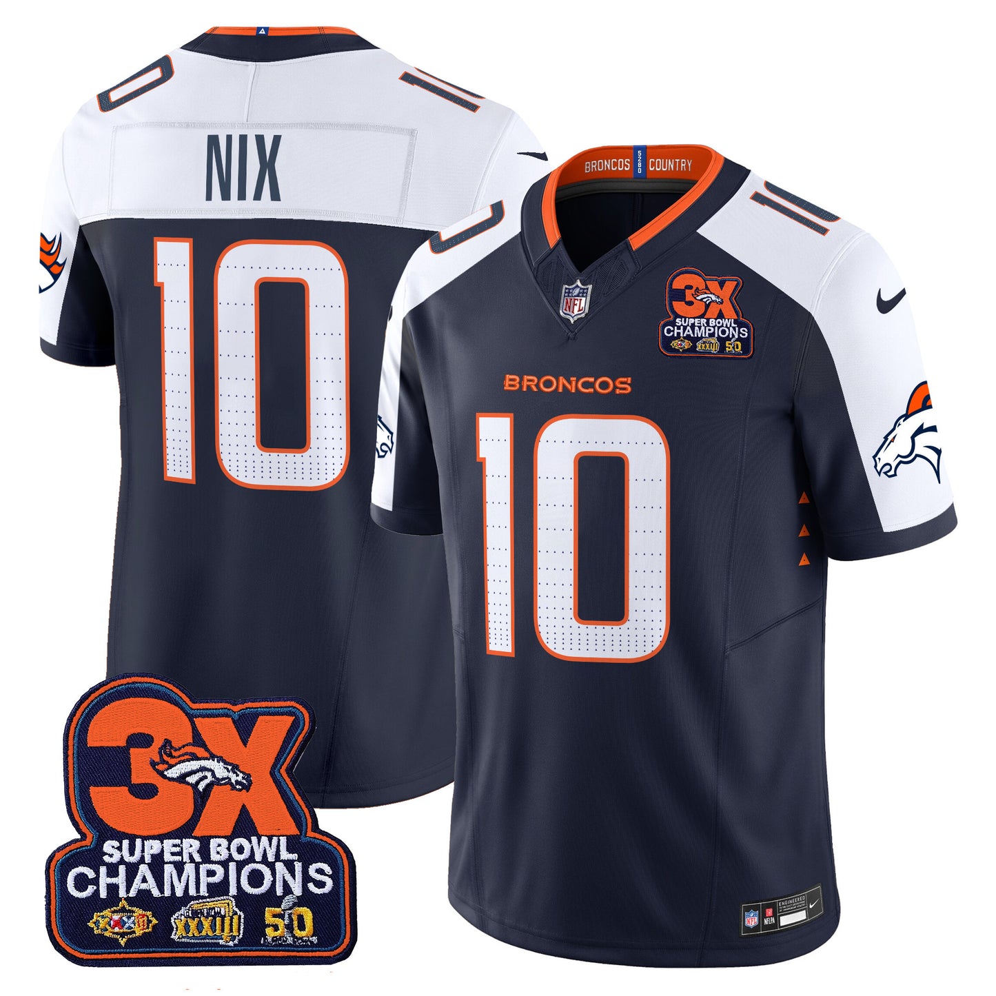 Denver Broncos 3-Time Champions Patch Vapor Limited Jersey - All Stitched