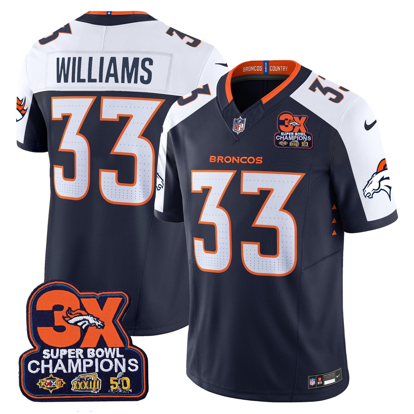 Denver Broncos 3-Time Champions Patch Vapor Limited Jersey - All Stitched