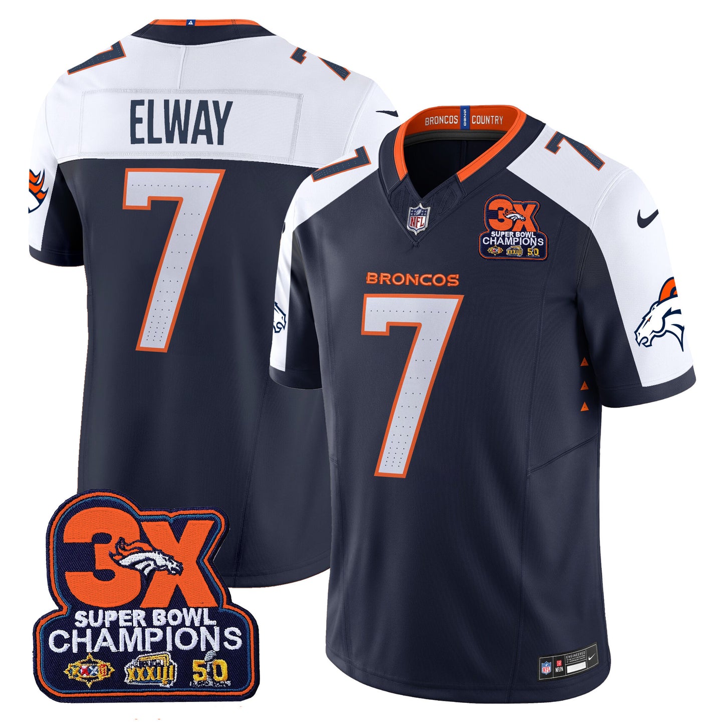 Denver Broncos 3-Time Champions Patch Vapor Limited Jersey - All Stitched