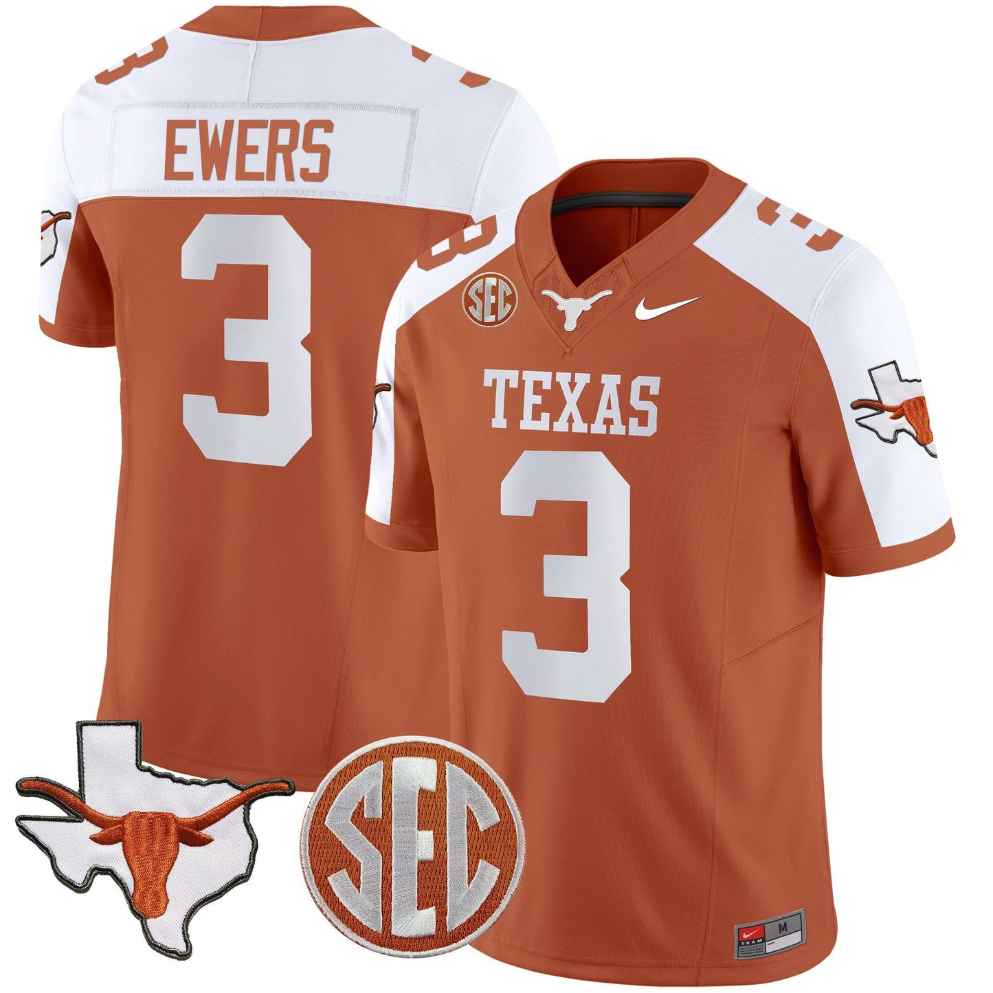 Texas Longhorns State Map & Sec Patch Vapor Limited Jersey V5 - All Stitched