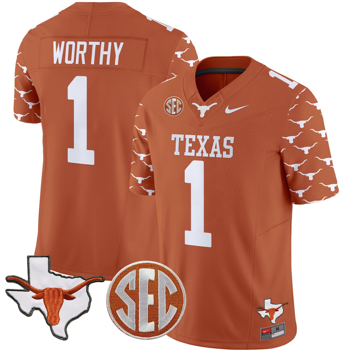 Texas Longhorns State Map & Sec Patch Vapor Limited Jersey V5 - All Stitched