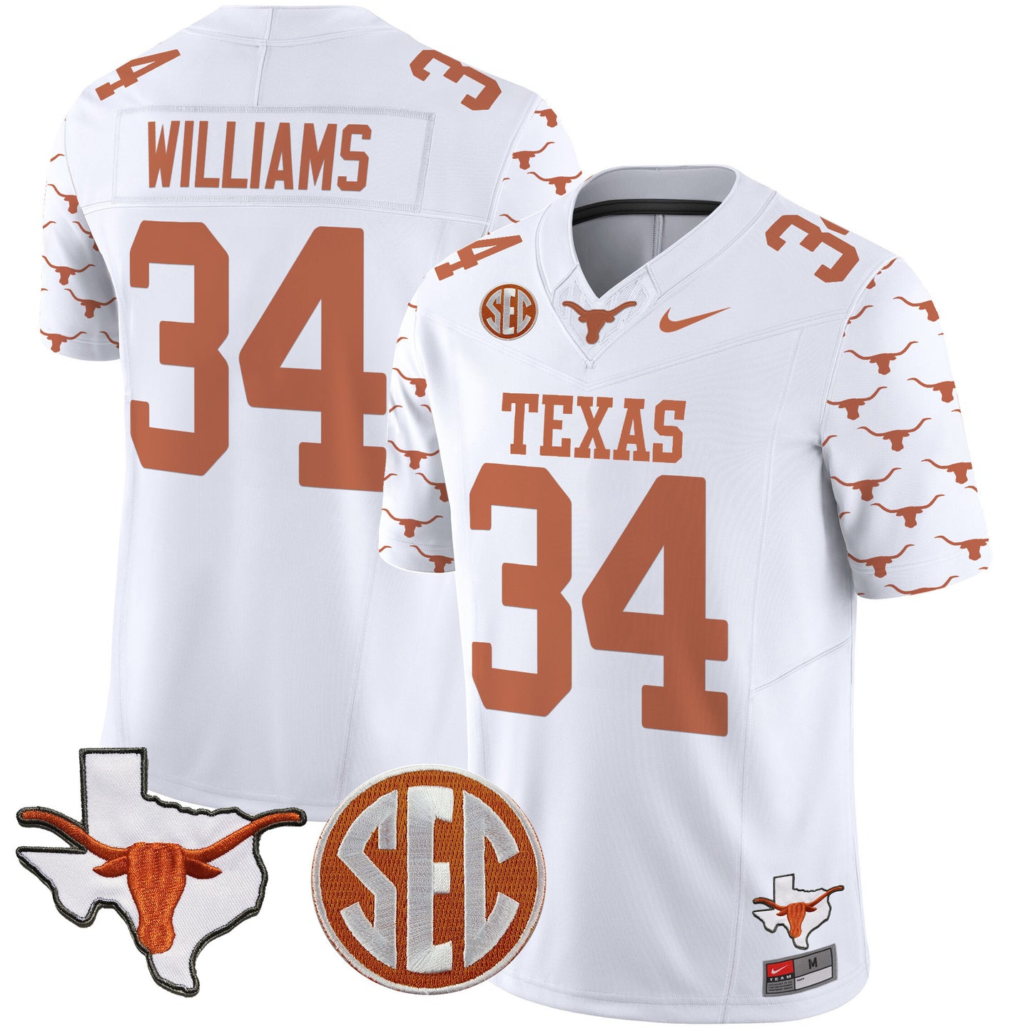 Texas Longhorns State Map & Sec Patch Vapor Limited Jersey V5 - All Stitched