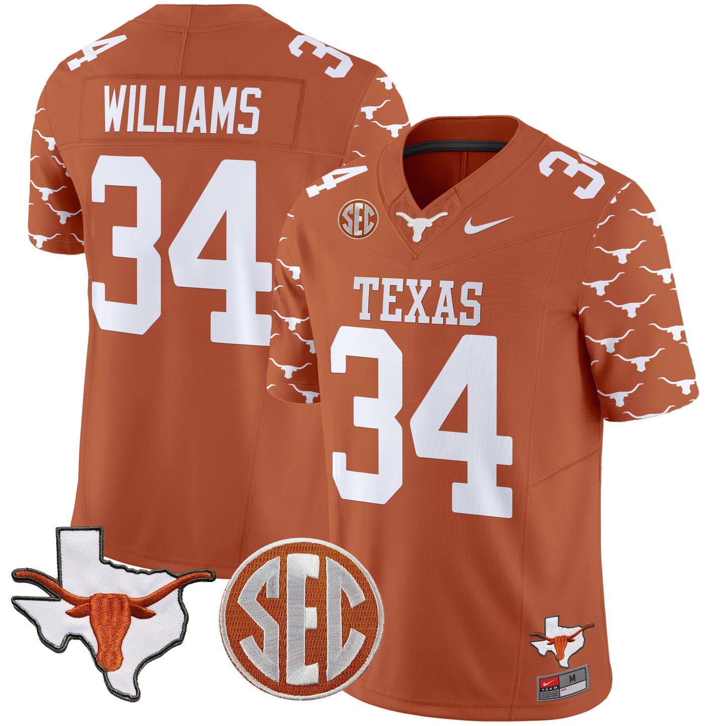 Texas Longhorns State Map & Sec Patch Vapor Limited Jersey V5 - All Stitched