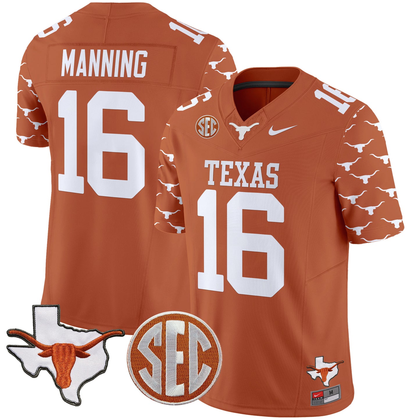 Texas Longhorns State Map & Sec Patch Vapor Limited Jersey V5 - All Stitched