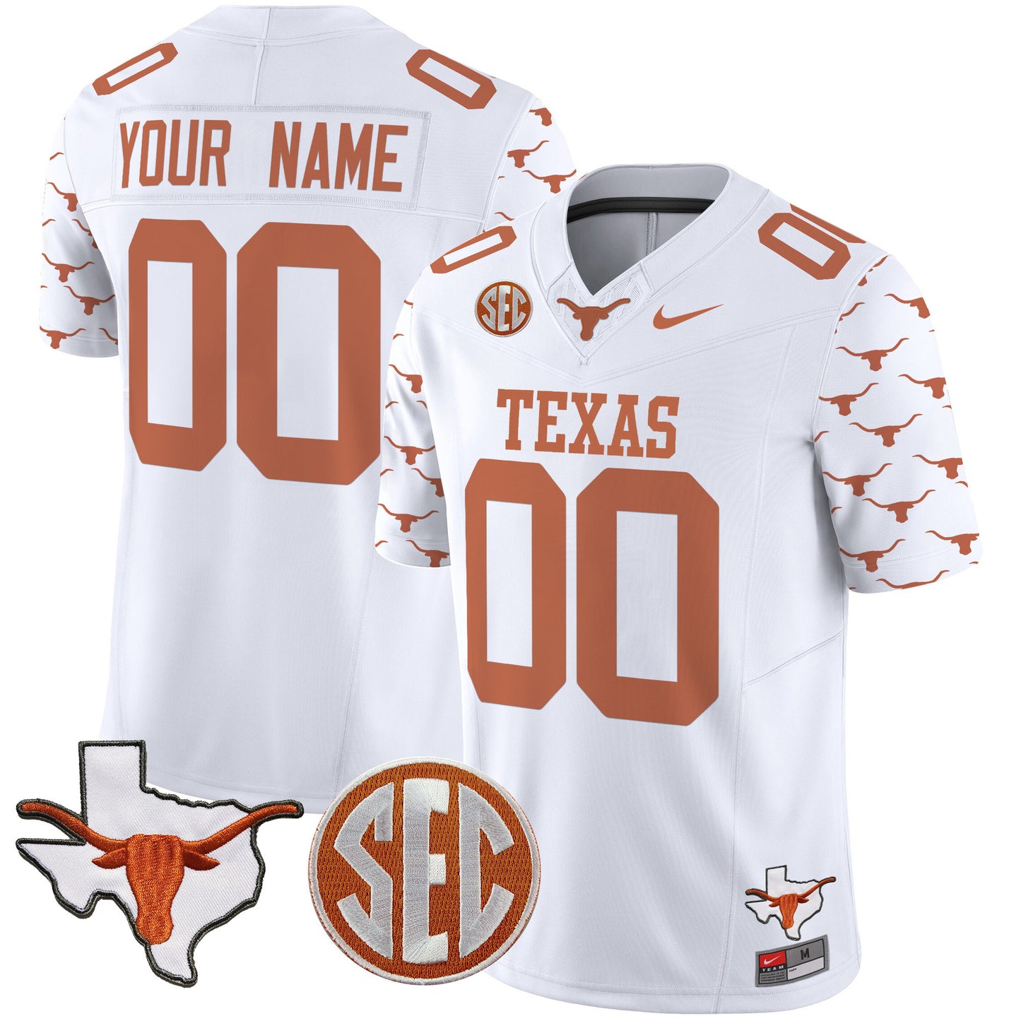 Texas Longhorns State Map & Sec Patch Vapor Limited Custom Jersey V5 - All Stitched